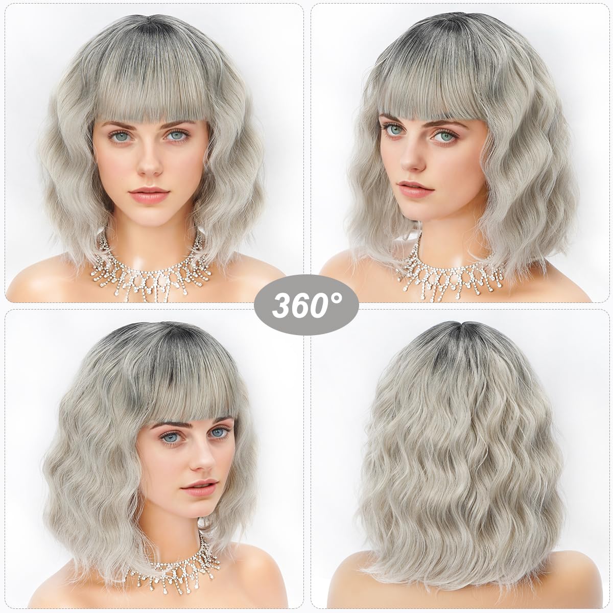 Short Wavy Black Wig with Bangs Bob Short Charming Curly Wavy Wig Women Synthetic Natural Looking Heat Resistant Fiber Hair for Women (14inch)