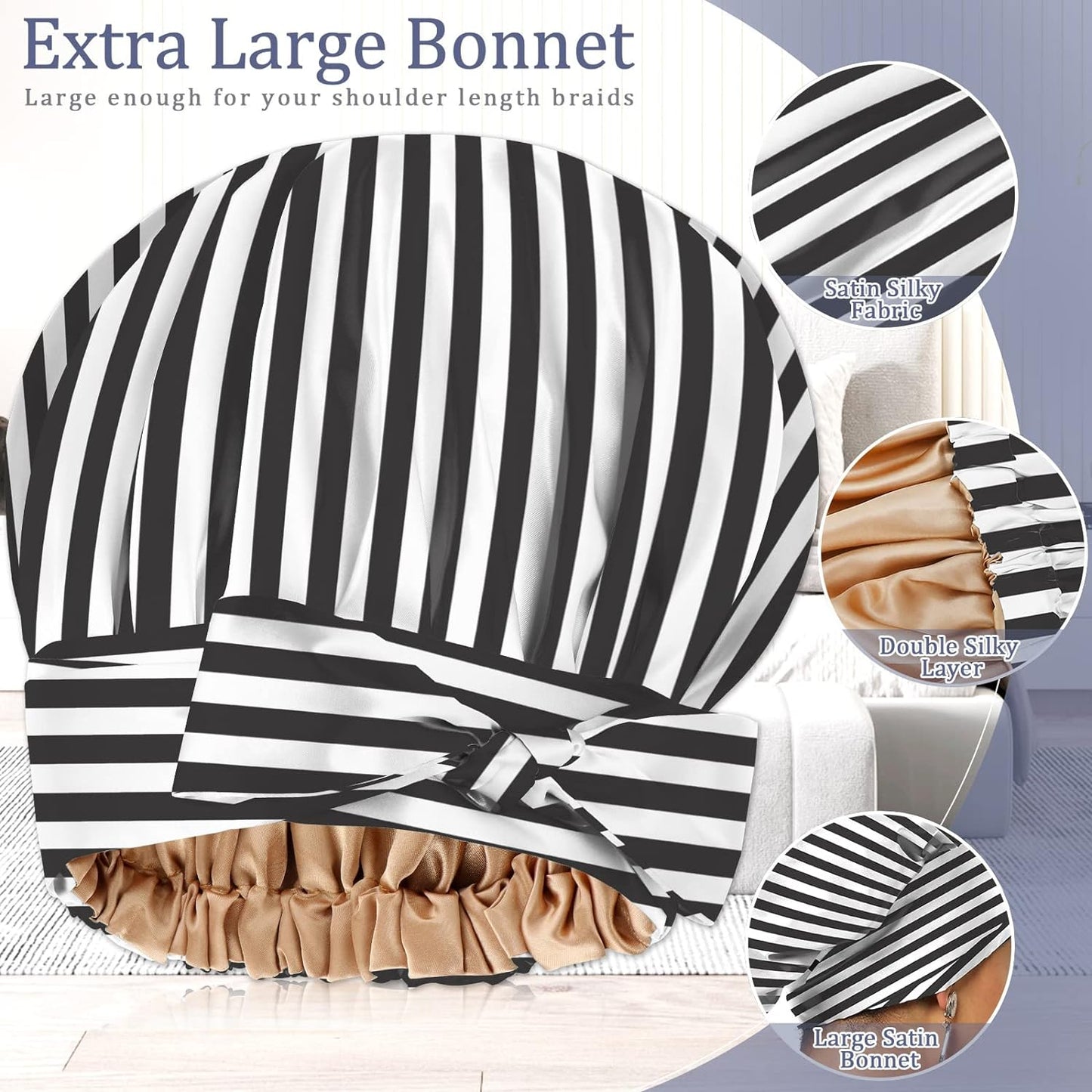 Satin Bonnet for Women, Silk Bonnet for Curly Hair, Silk Hair Bonnet for Sleeping Satin Bonnets for Black Women, Extra Large Bonnet with Tie Band