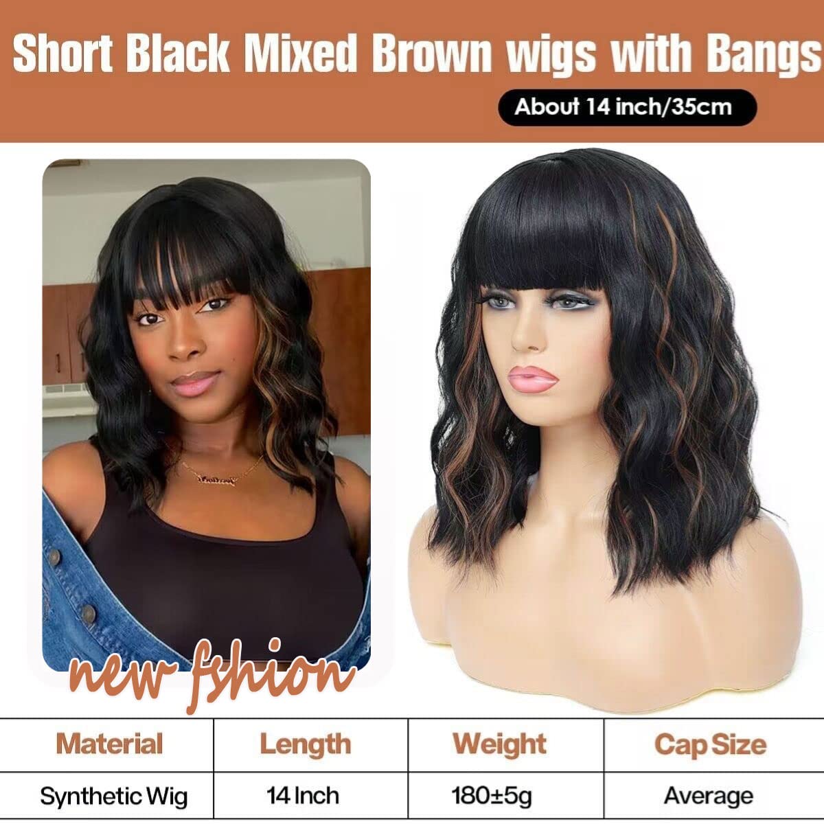Short Wavy Wig with Bangs Black Mixed Brown Short Bob Wigs Shoulder Length Wear and Go Glueless Wigs Heat Resistant Fiber Synthetic Wig with Bangs