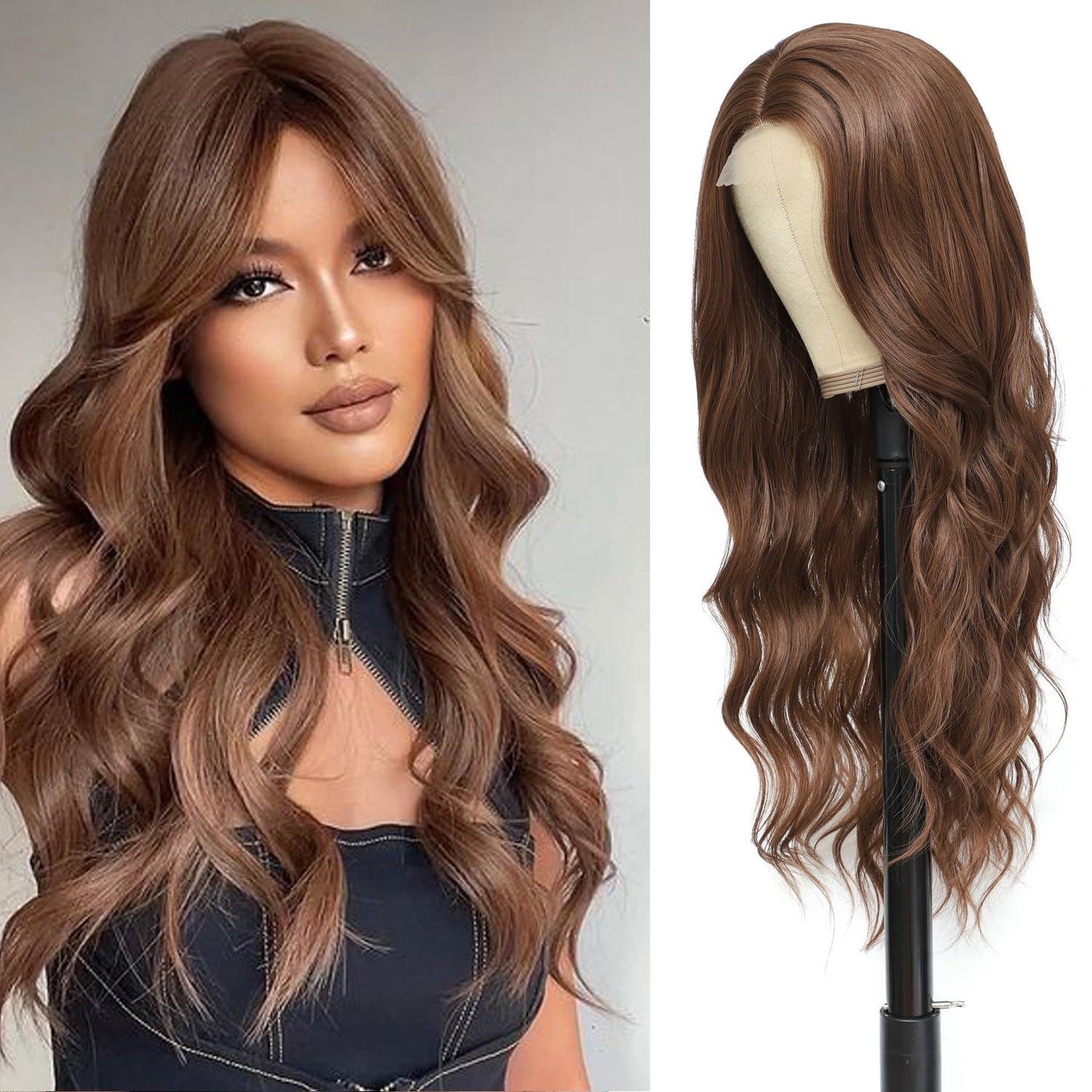 Short Wavy Wig with Bangs Black Mixed Brown Short Bob Wigs Shoulder Length Wear and Go Glueless Wigs Heat Resistant Fiber Synthetic Wig with Bangs