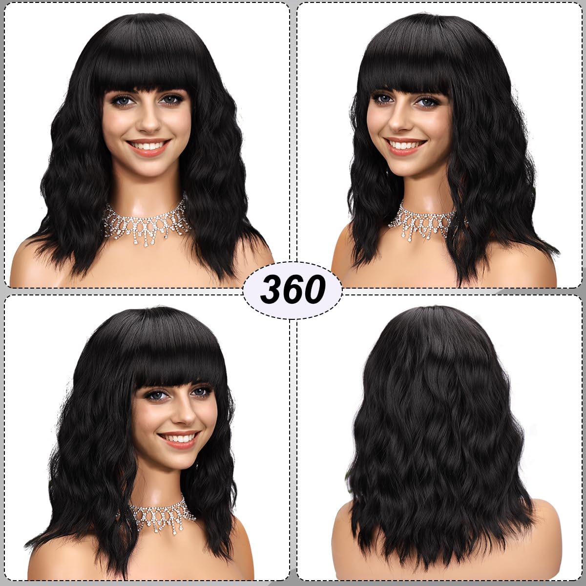 Short Wavy Black Wig with Bangs Bob Short Charming Curly Wavy Wig Women Synthetic Natural Looking Heat Resistant Fiber Hair for Women (14inch)