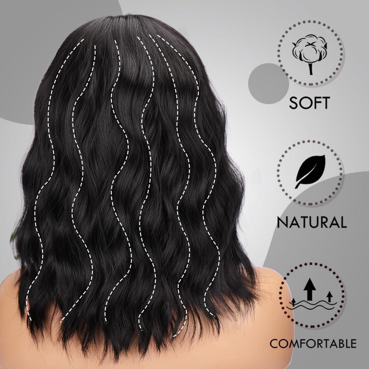 Short Wavy Black Wig with Bangs Bob Short Charming Curly Wavy Wig Women Synthetic Natural Looking Heat Resistant Fiber Hair for Women (14inch)