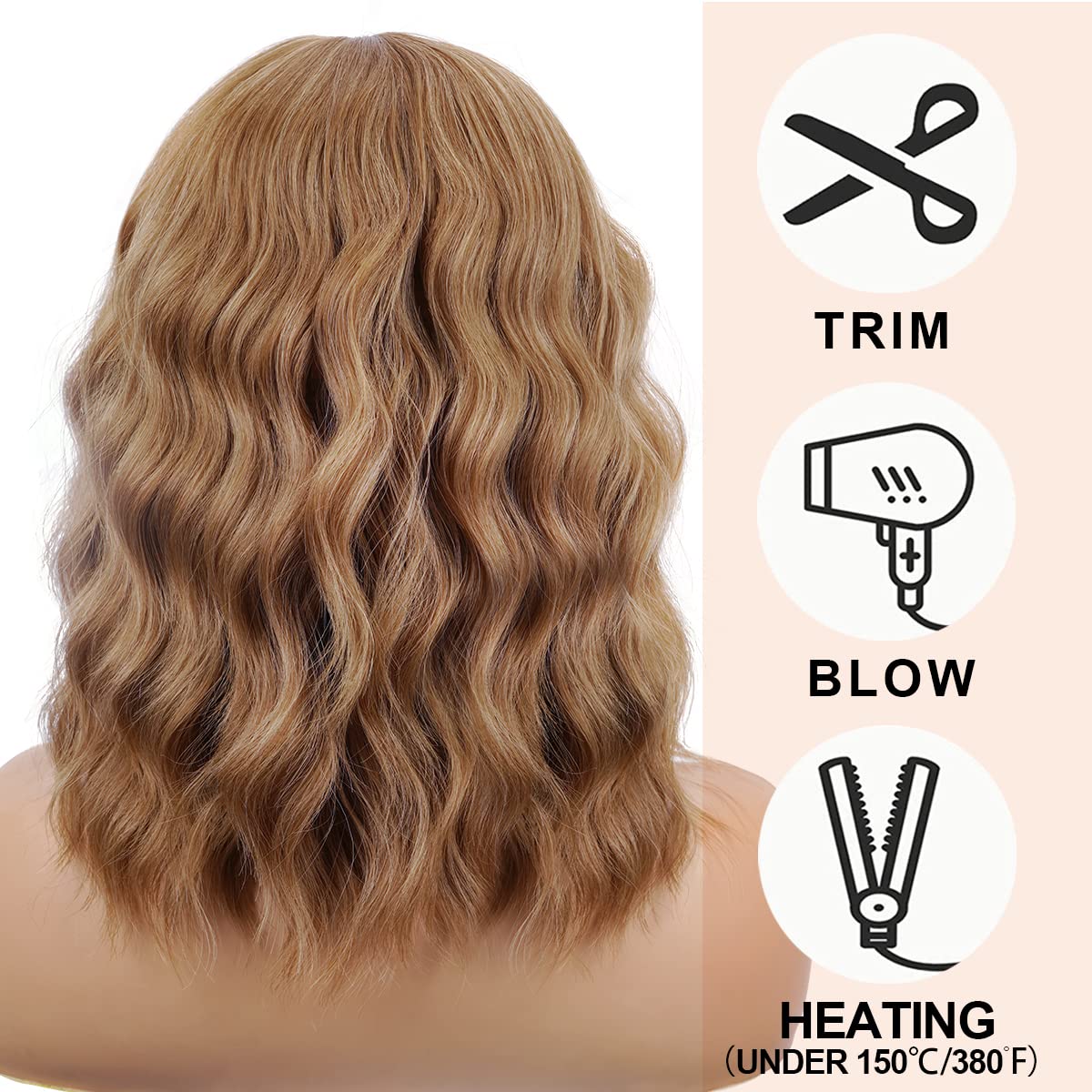 Short Wavy Black Wig with Bangs Bob Short Charming Curly Wavy Wig Women Synthetic Natural Looking Heat Resistant Fiber Hair for Women (14inch)