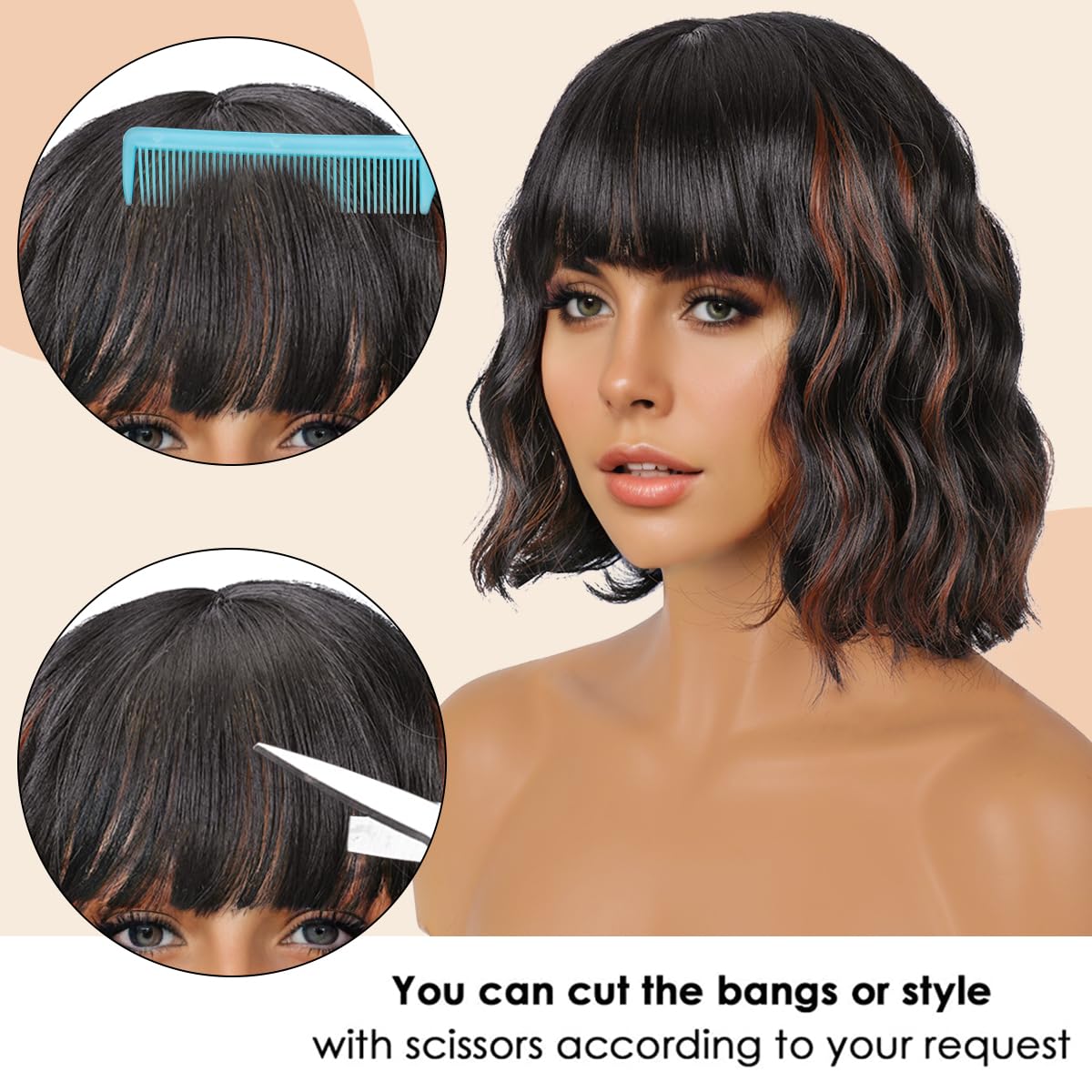 Short Wavy Black Wig with Bangs Bob Short Charming Curly Wavy Wig Women Synthetic Natural Looking Heat Resistant Fiber Hair for Women (14inch)