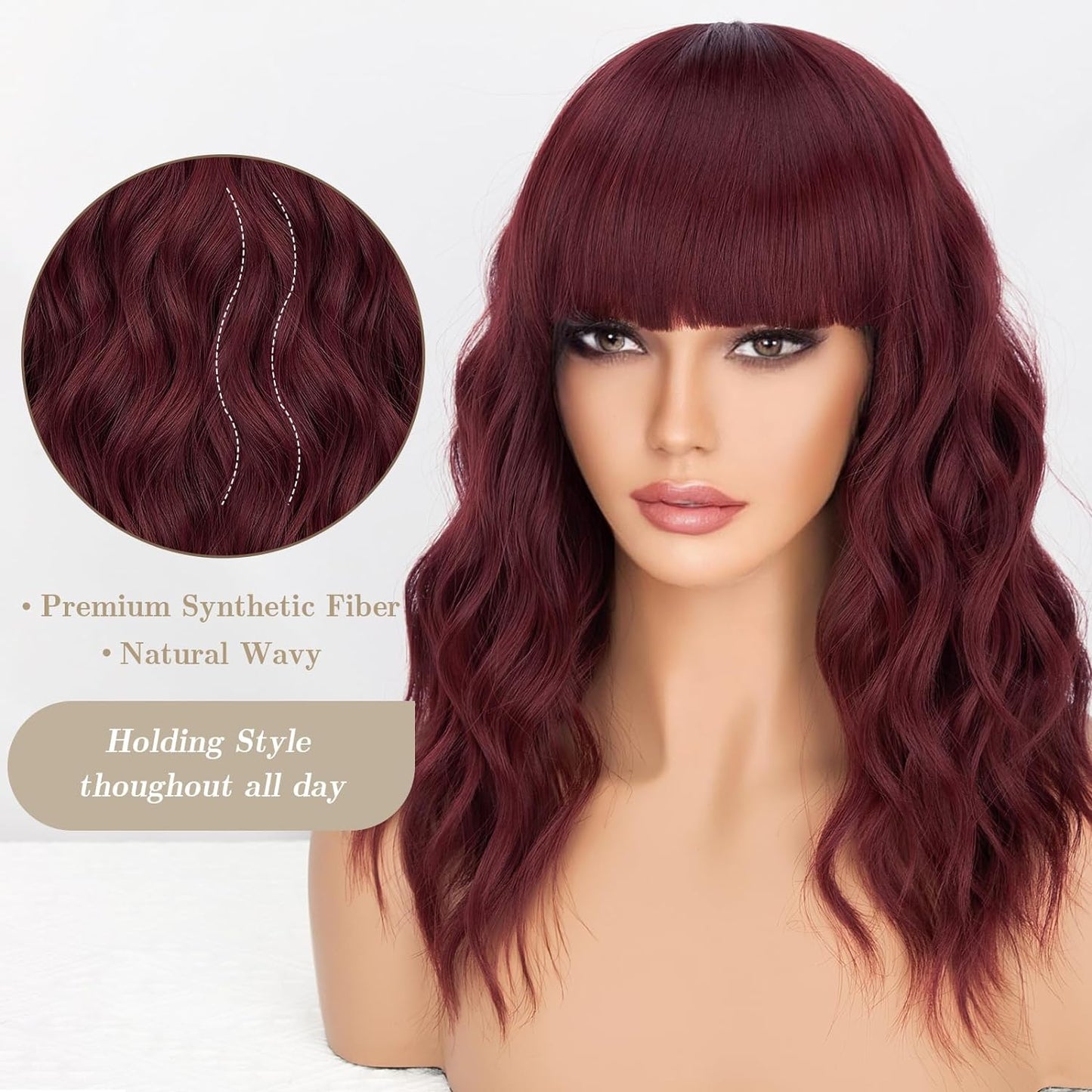 Short Wavy Wig with Bangs for Women Shoulder Length Bob Curly Women's Charming Synthetic Wigs with Natural Wavy Black To Brown Heat Resistant Hair for Daily Party Use