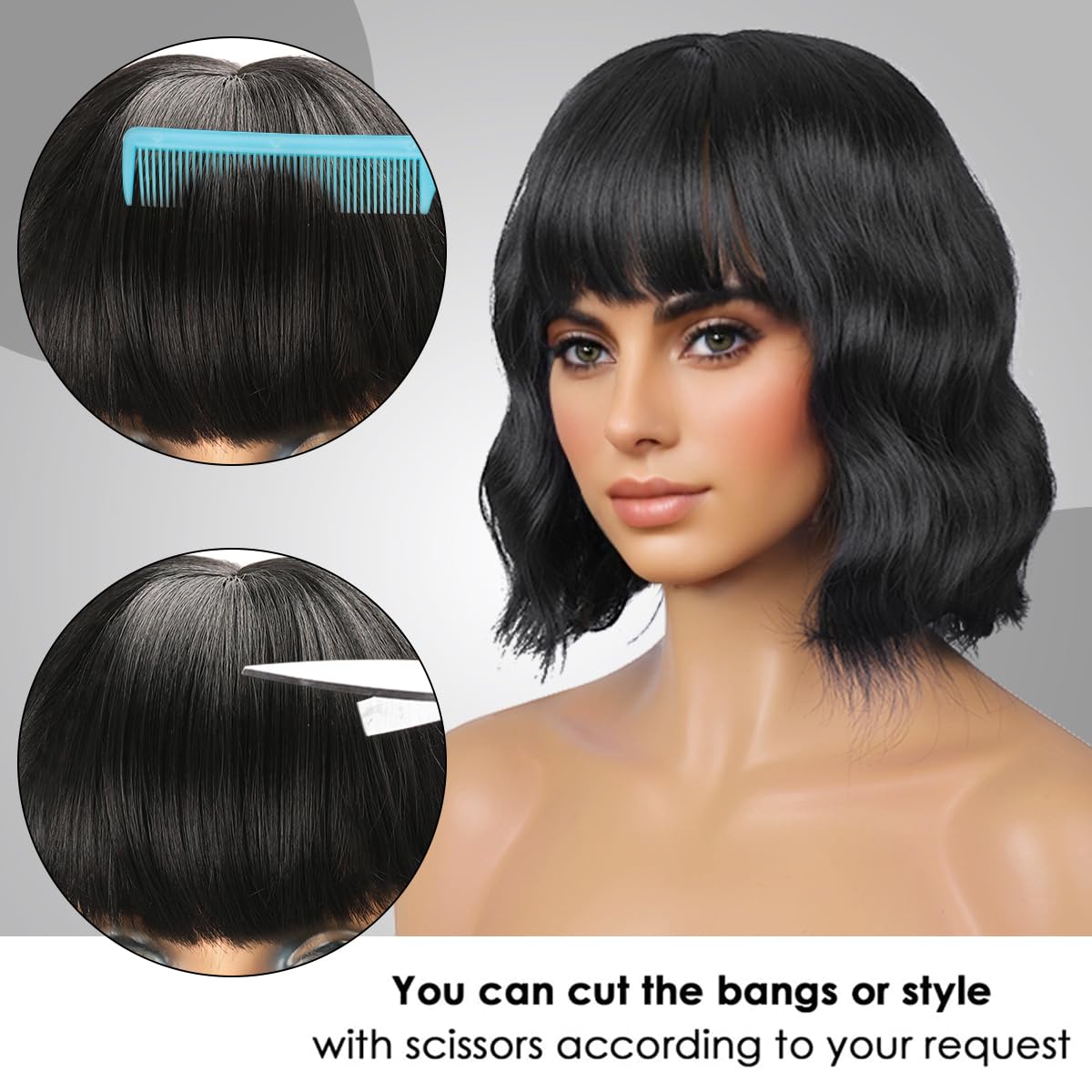 Short Wavy Black Wig with Bangs Bob Short Charming Curly Wavy Wig Women Synthetic Natural Looking Heat Resistant Fiber Hair for Women (14inch)