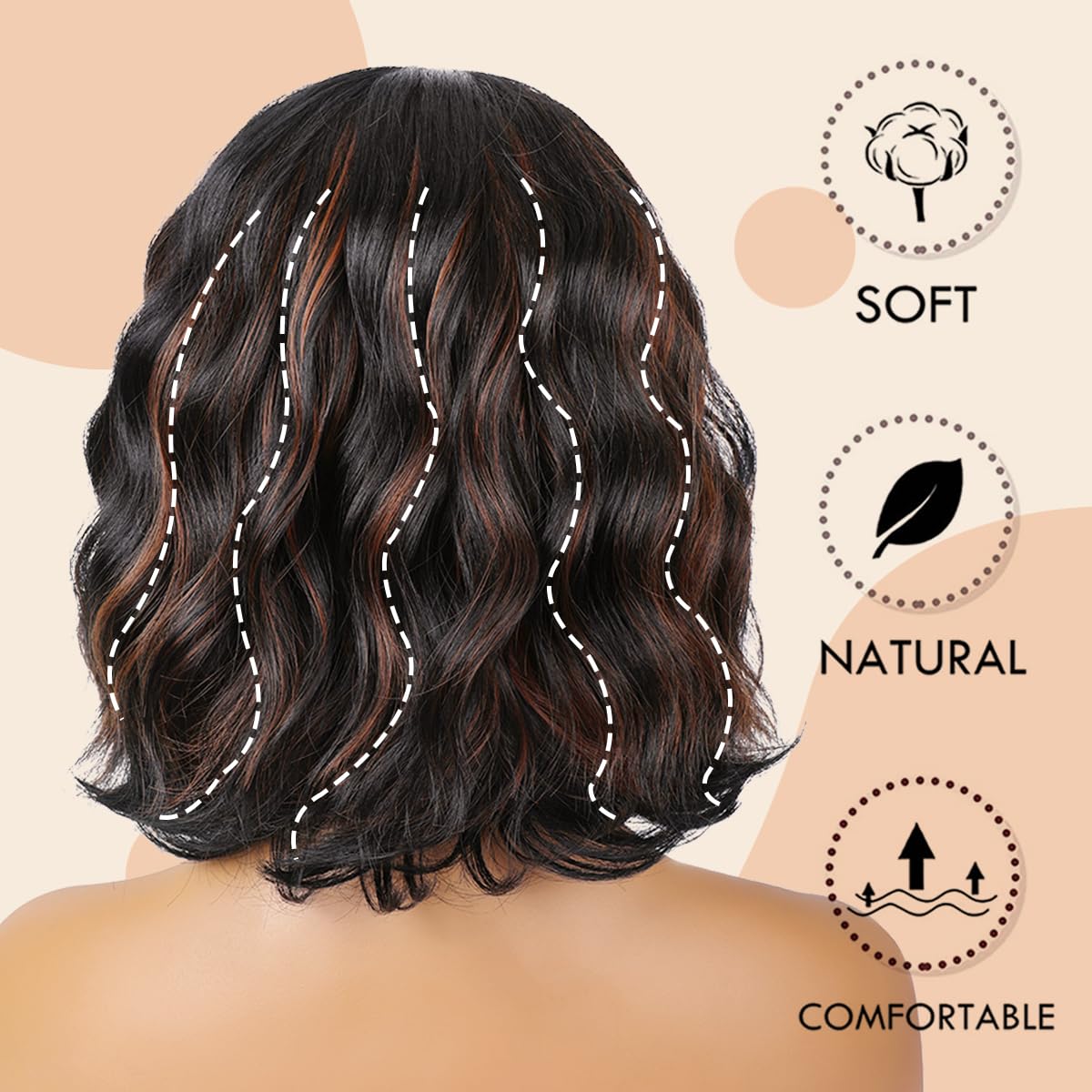 Short Wavy Black Wig with Bangs Bob Short Charming Curly Wavy Wig Women Synthetic Natural Looking Heat Resistant Fiber Hair for Women (14inch)