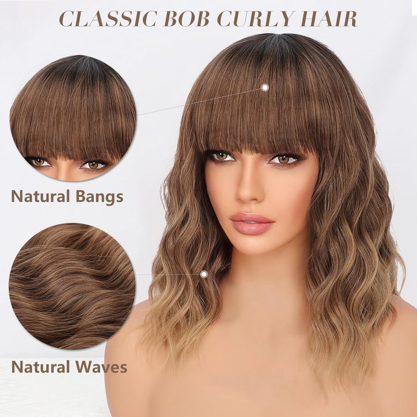 Short Wavy Wig with Bangs for Women Shoulder Length Bob Curly Women's Charming Synthetic Wigs with Natural Wavy Black To Brown Heat Resistant Hair for Daily Party Use