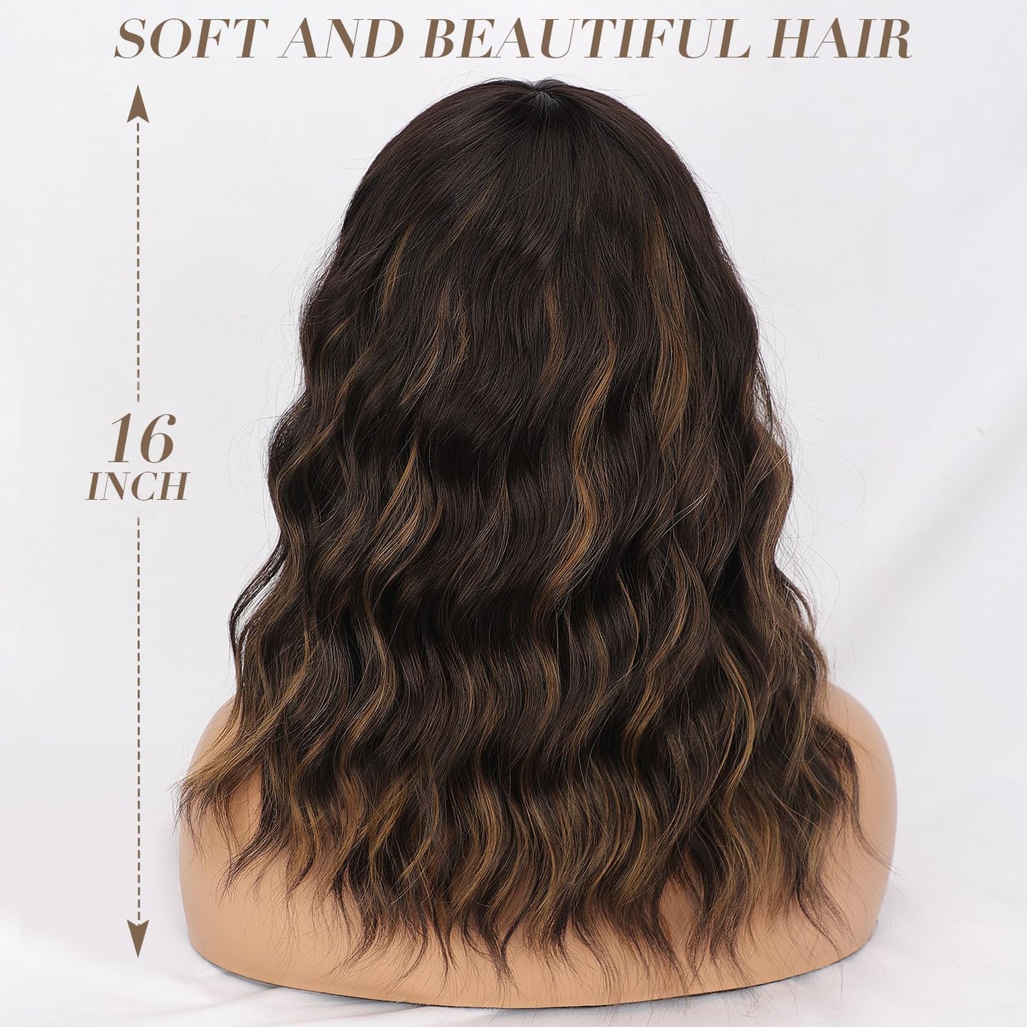 Short Wavy Wig with Bangs for Women Shoulder Length Bob Curly Women's Charming Synthetic Wigs with Natural Wavy Black To Brown Heat Resistant Hair for Daily Party Use