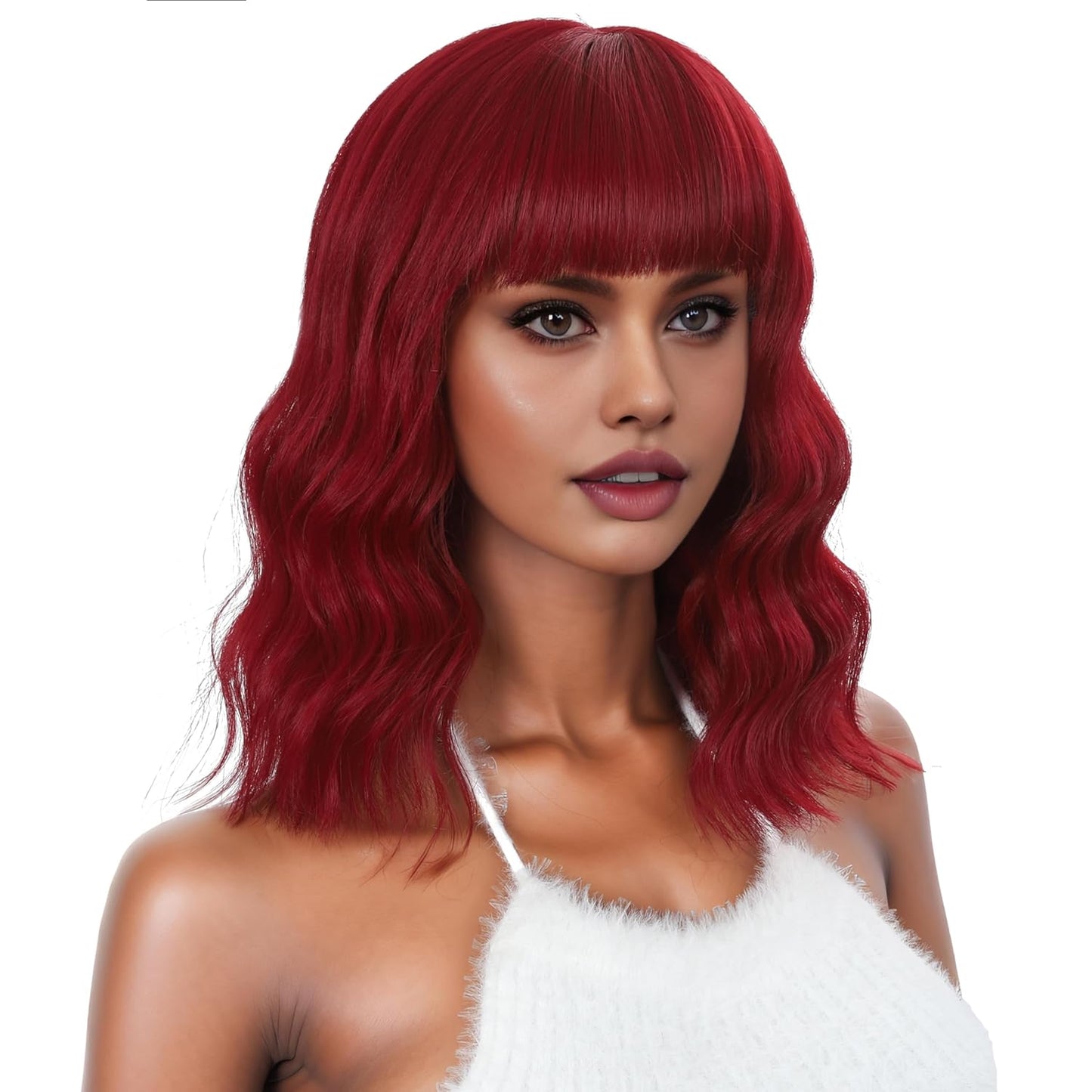 Short Wavy Wig with Bangs Black Mixed Brown Short Bob Wigs Shoulder Length Wear and Go Glueless Wigs Heat Resistant Fiber Synthetic Wig with Bangs