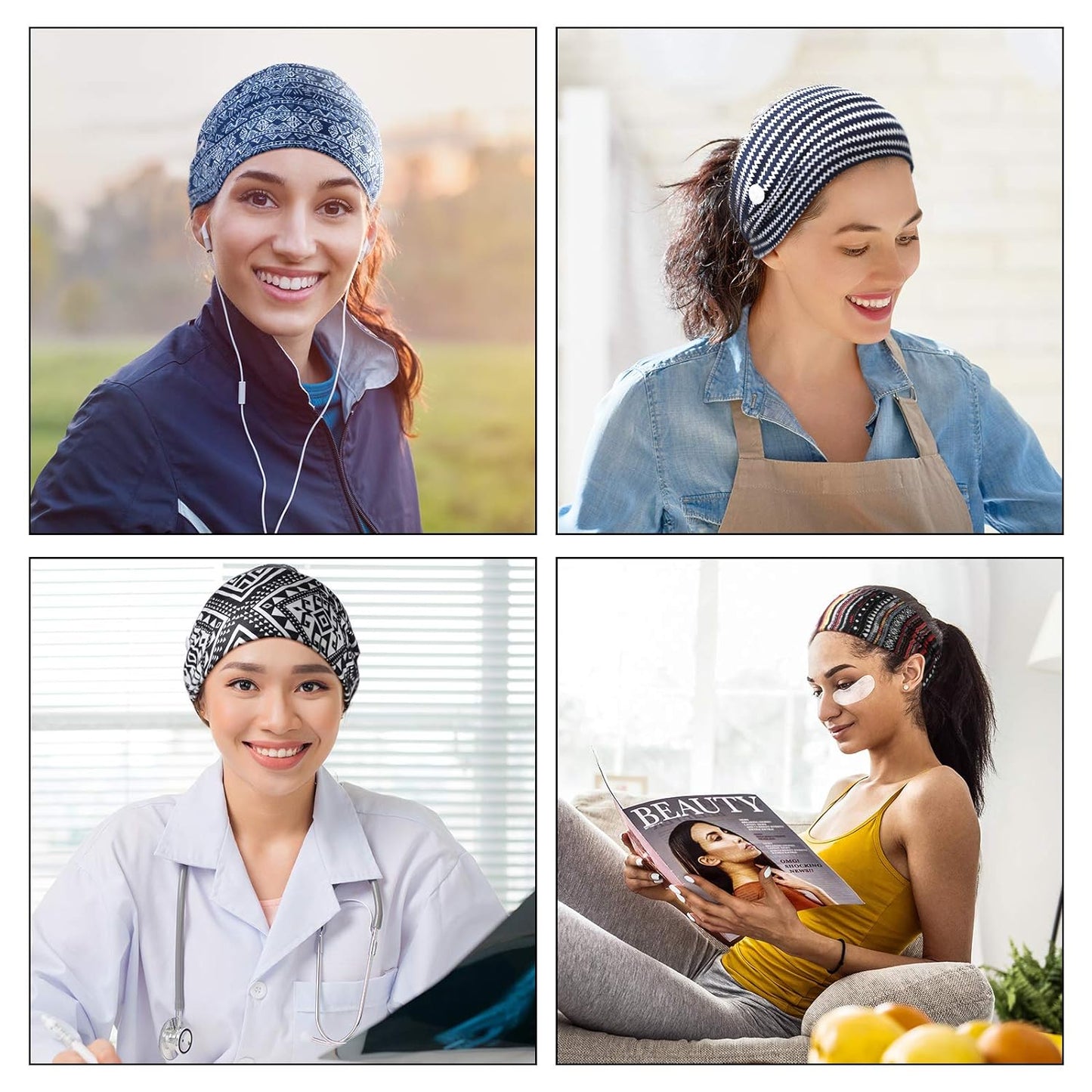 6 Pieces Headband with Buttons for Mask African Boho Knot Turban Headbands Nurse Elastic Headbands Sport Beach Hair Accessories for Women Girls (Bohemian Patterns)