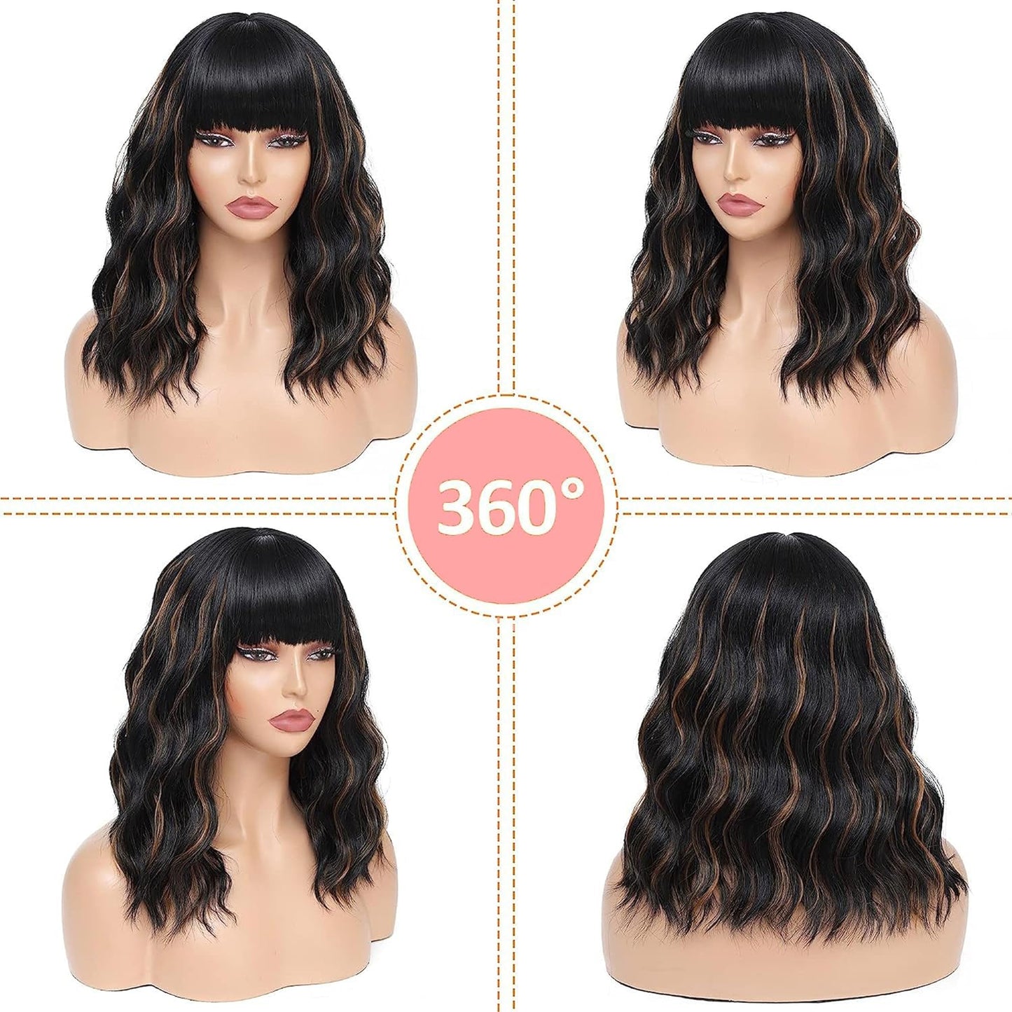 Short Wavy Wig with Bangs Black Mixed Brown Short Bob Wigs Shoulder Length Wear and Go Glueless Wigs Heat Resistant Fiber Synthetic Wig with Bangs