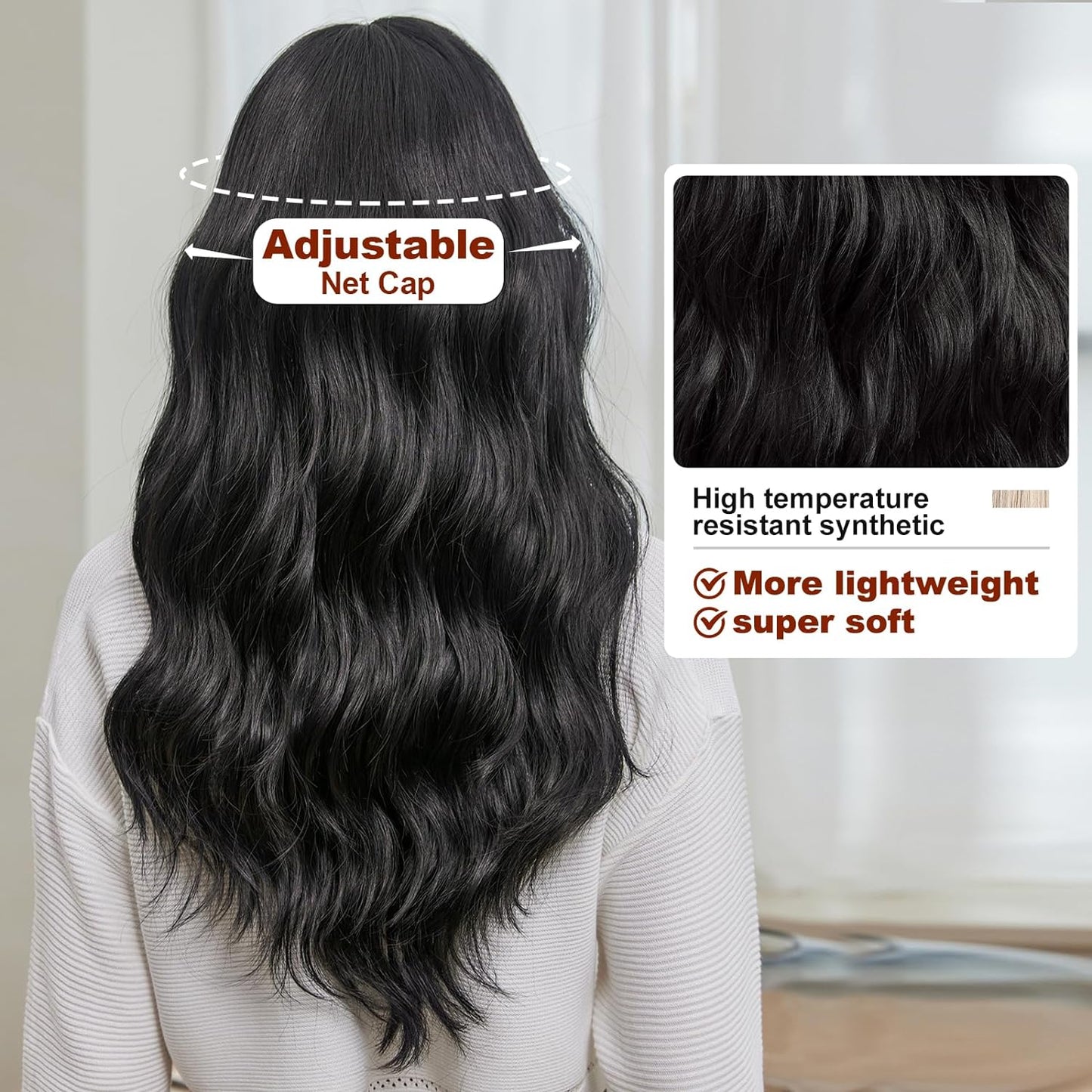 Black Wigs for Women Long Curly Wigs With Bangs Water Wavy Synthetic Wig, Party Cosplay Daily Use
