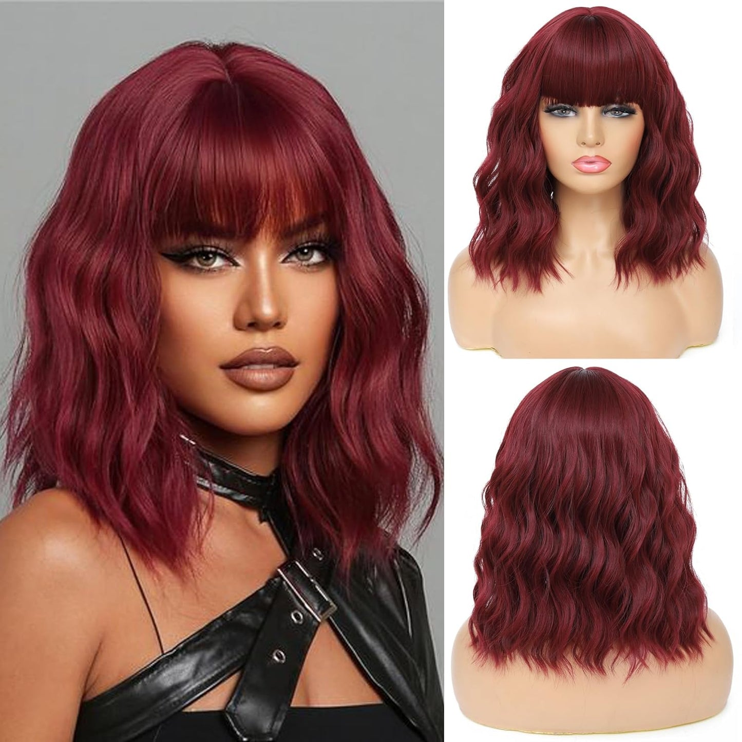Short Wavy Wig with Bangs Black Mixed Brown Short Bob Wigs Shoulder Length Wear and Go Glueless Wigs Heat Resistant Fiber Synthetic Wig with Bangs