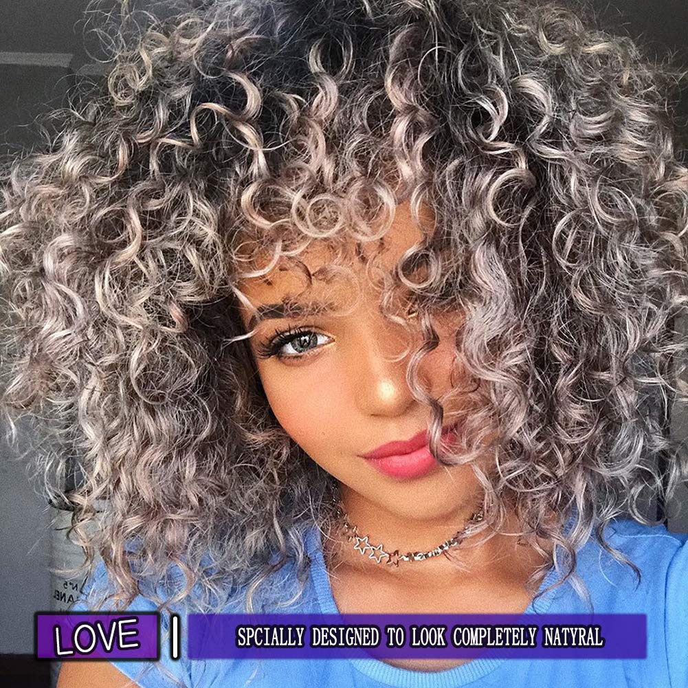 Kinky Curly Afro Wig with Bangs Ombre Gray Color Synthetic Mixed Wigs with 1 Wig Comb and 4pcs Wig Caps