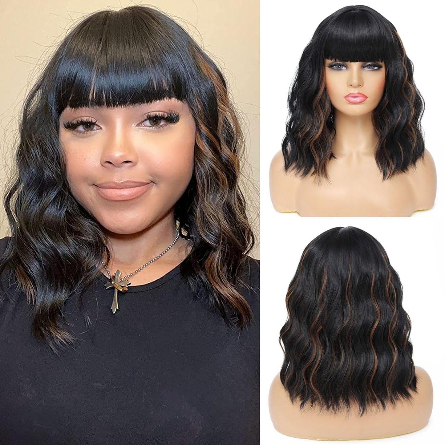 Short Wavy Wig with Bangs Black Mixed Brown Short Bob Wigs Shoulder Length Wear and Go Glueless Wigs Heat Resistant Fiber Synthetic Wig with Bangs