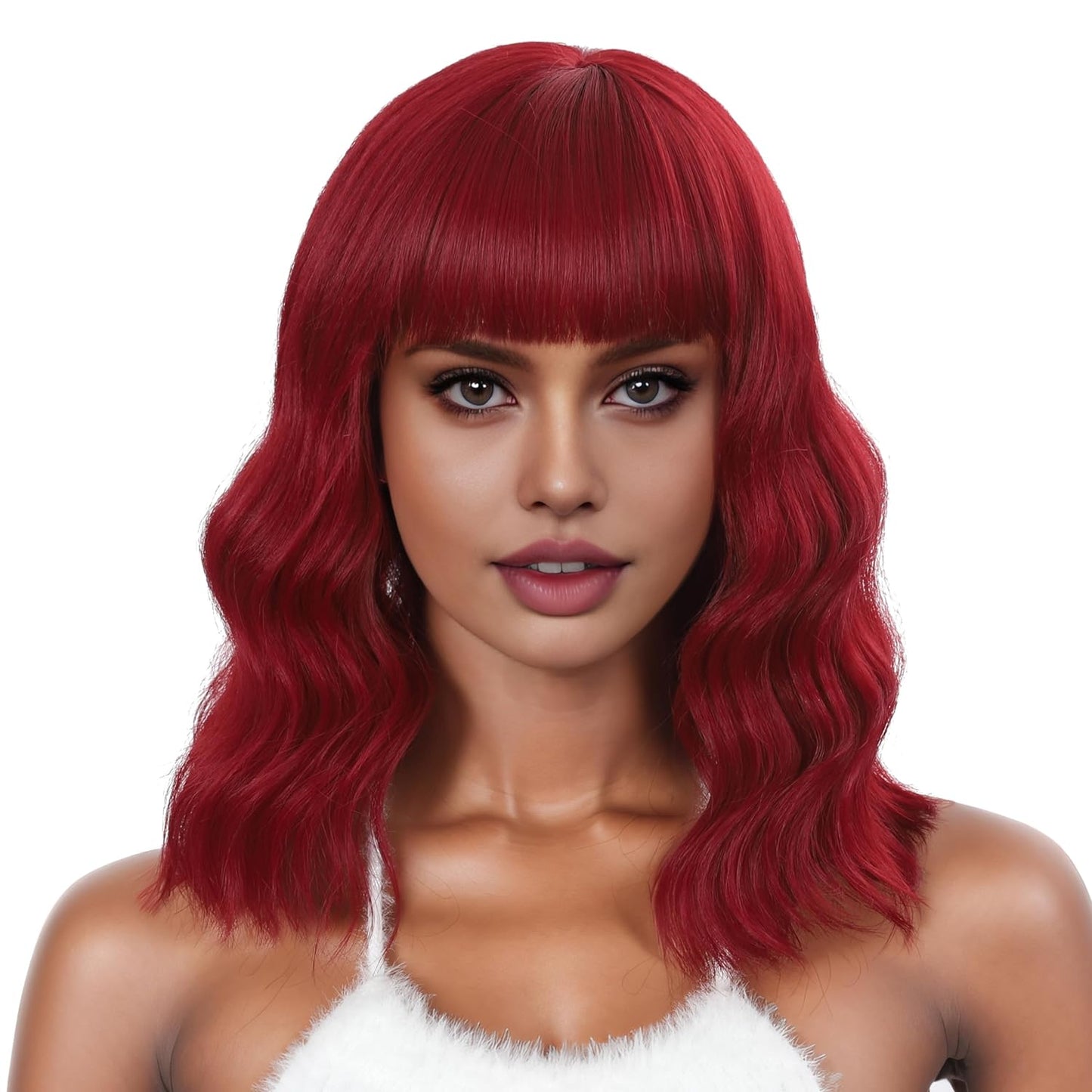 Short Wavy Wig with Bangs Black Mixed Brown Short Bob Wigs Shoulder Length Wear and Go Glueless Wigs Heat Resistant Fiber Synthetic Wig with Bangs