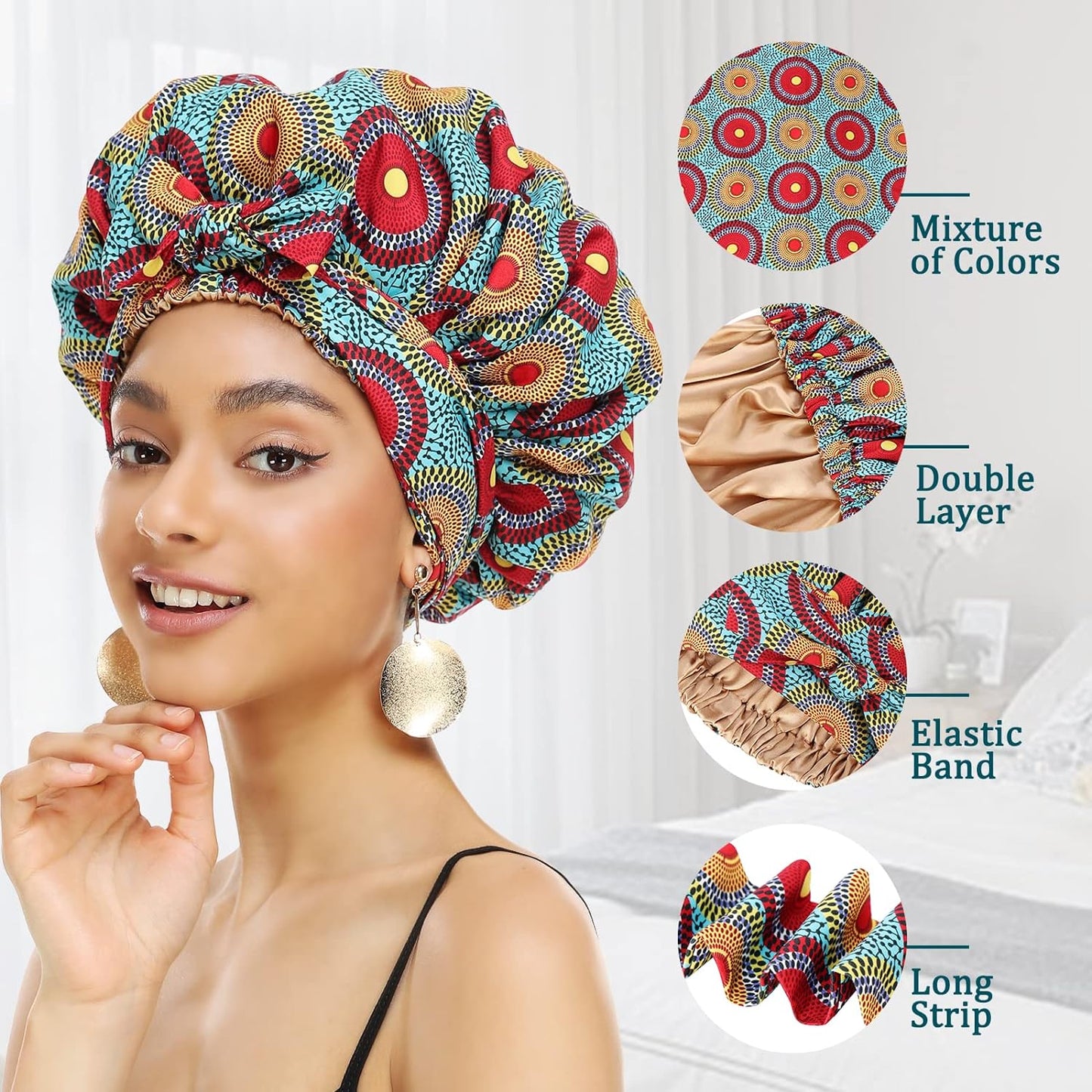 Satin Bonnet for Women, Silk Bonnet for Curly Hair, Silk Hair Bonnet for Sleeping Satin Bonnets for Black Women, Extra Large Bonnet with Tie Band