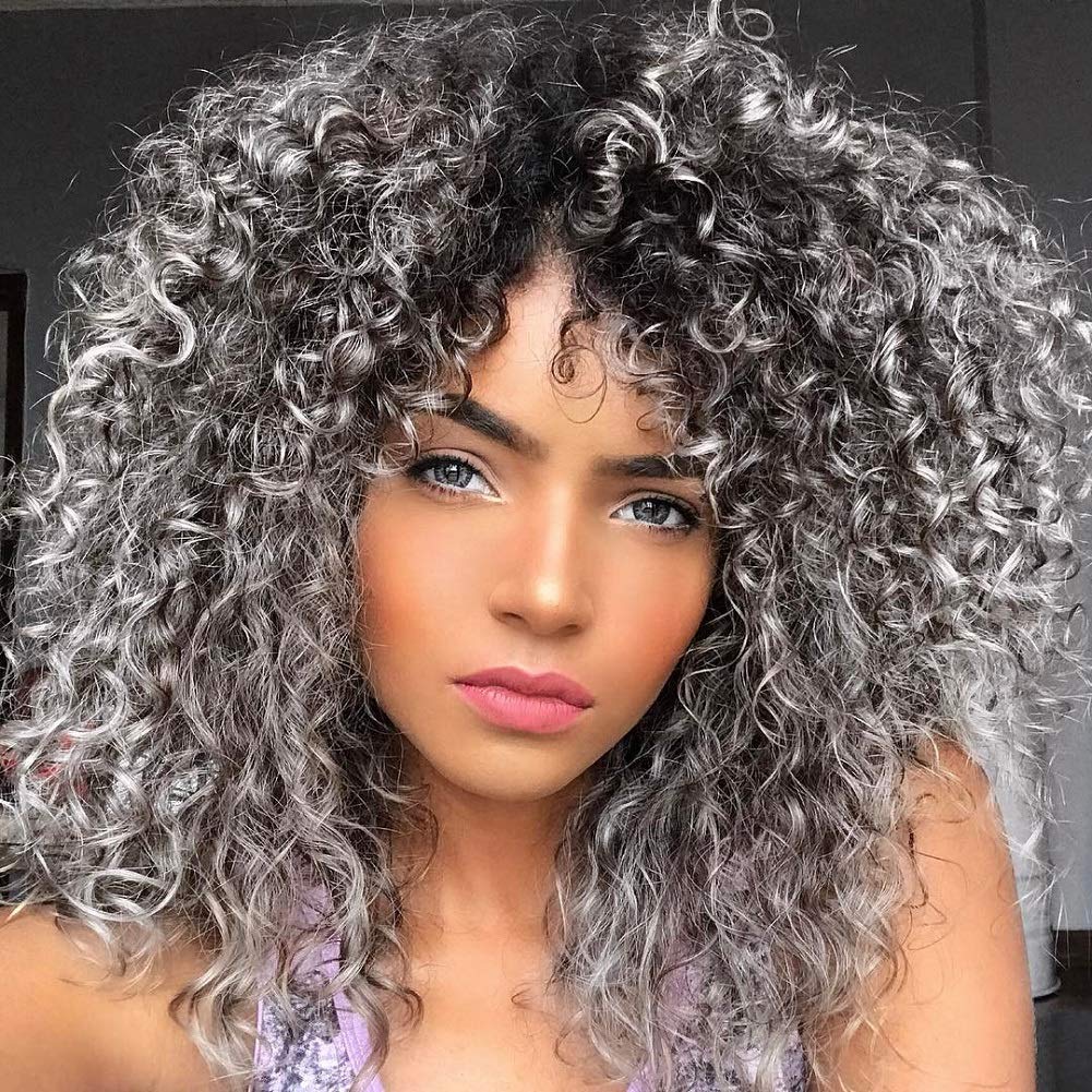 Kinky Curly Afro Wig with Bangs Ombre Gray Color Synthetic Mixed Wigs with 1 Wig Comb and 4pcs Wig Caps