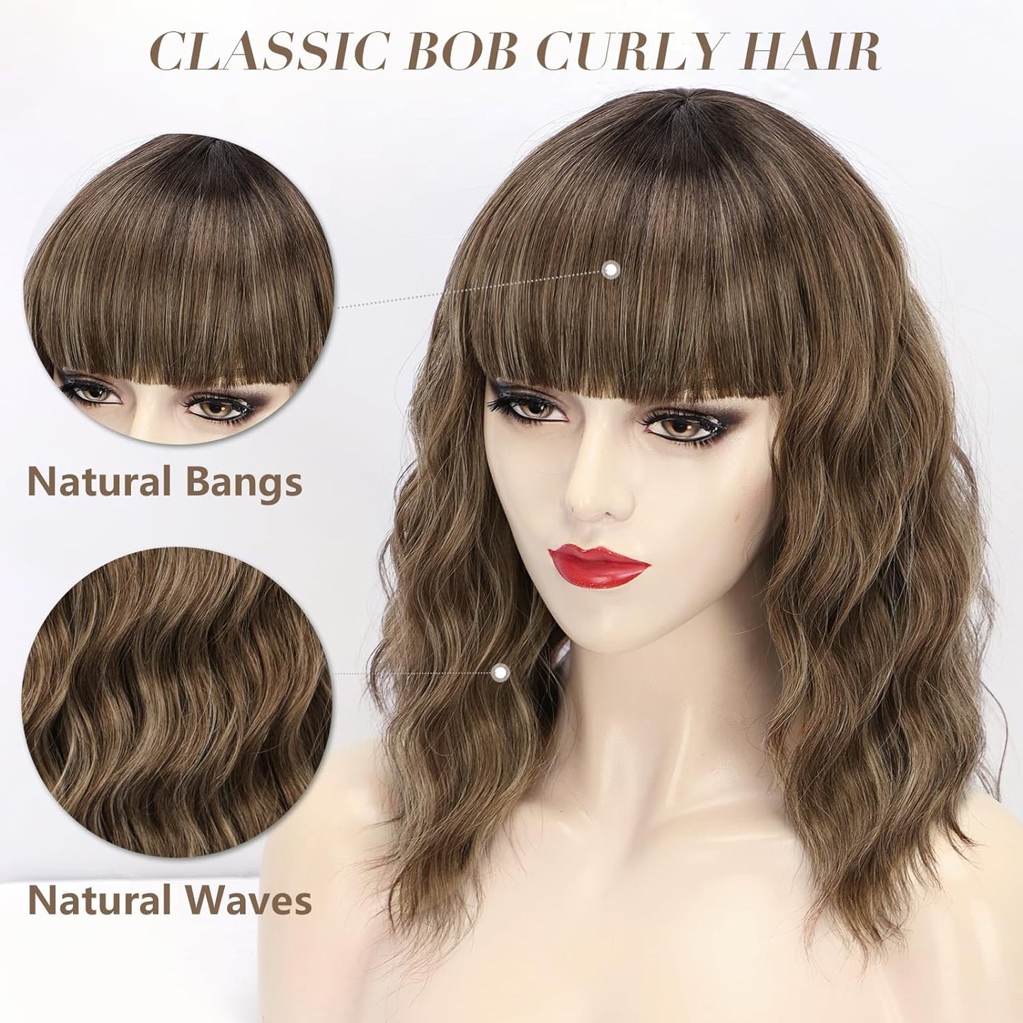 Short Wavy Wig with Bangs for Women Shoulder Length Bob Curly Women's Charming Synthetic Wigs with Natural Wavy Black To Brown Heat Resistant Hair for Daily Party Use
