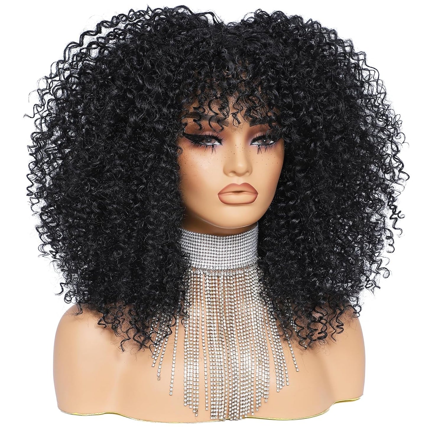 16 Inch Curly. Afro Kinky Wig Synthetic Fiber Glueless Full and Fluffy Long Curly Wig for Fashion Women (16 Inch, Black)