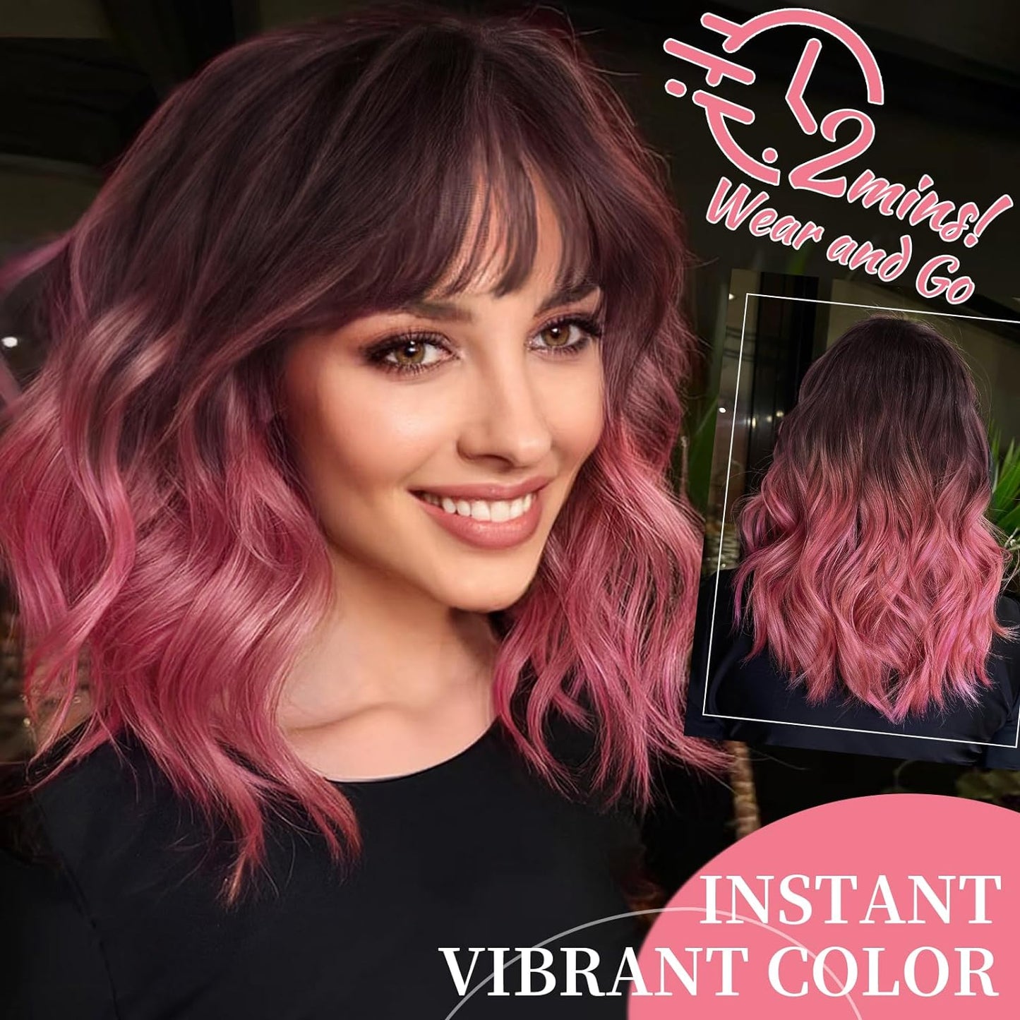 Short Wavy Wig with Bangs for Women Shoulder Length Bob Curly Women's Charming Synthetic Wigs with Natural Wavy Black To Brown Heat Resistant Hair for Daily Party Use