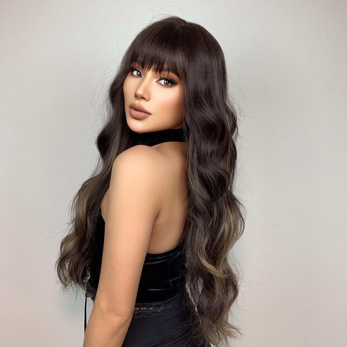 Black Wigs for Women Long Curly Wigs With Bangs Water Wavy Synthetic Wig, Party Cosplay Daily Use