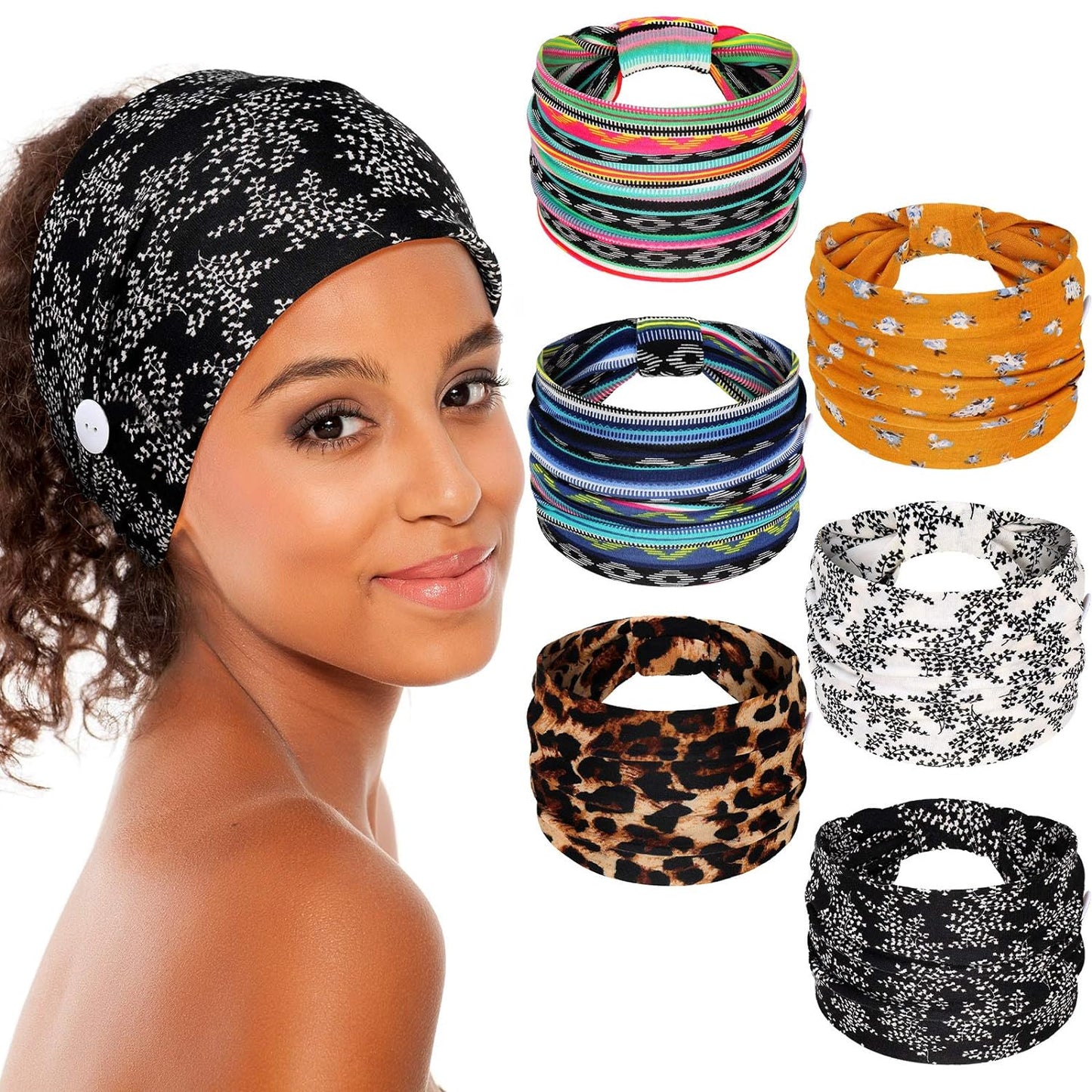 6 Pieces Headband with Buttons for Mask African Boho Knot Turban Headbands Nurse Elastic Headbands Sport Beach Hair Accessories for Women Girls (Bohemian Patterns)