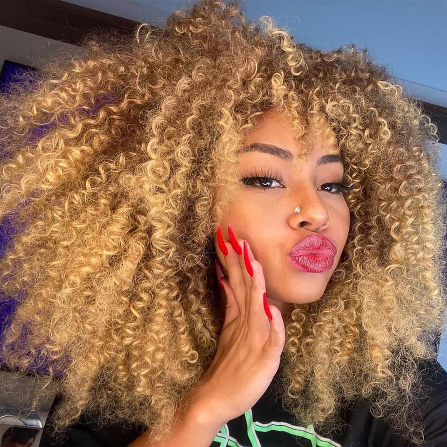 16 Inch Curly. Afro Kinky Wig Synthetic Fiber Glueless Full and Fluffy Long Curly Wig for Fashion Women (16 Inch, Black)