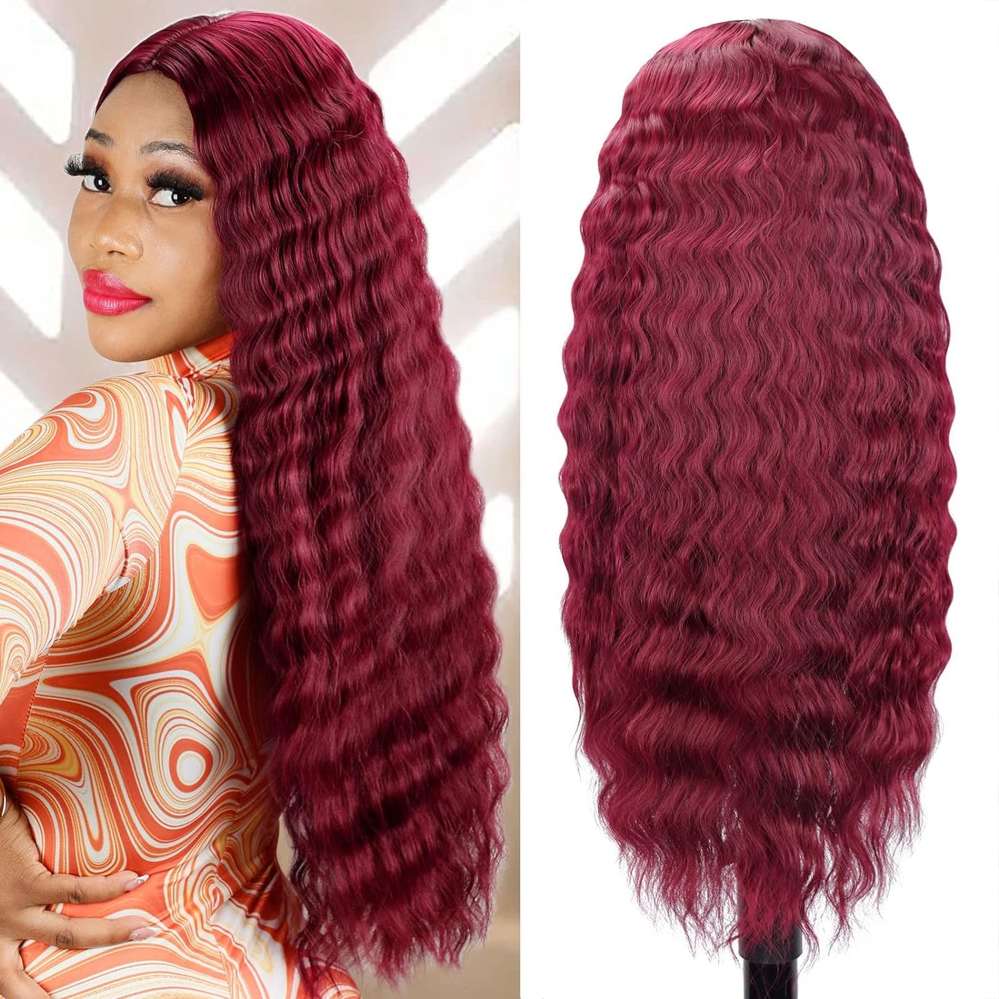 28'' Curly Wig Long Synthetic Wigs for Black Women Loose Deep Wave Lace Front Wig 4'' Simulated Scalp Middle Part Natural Crimps Curls Hair Replacement Wigs