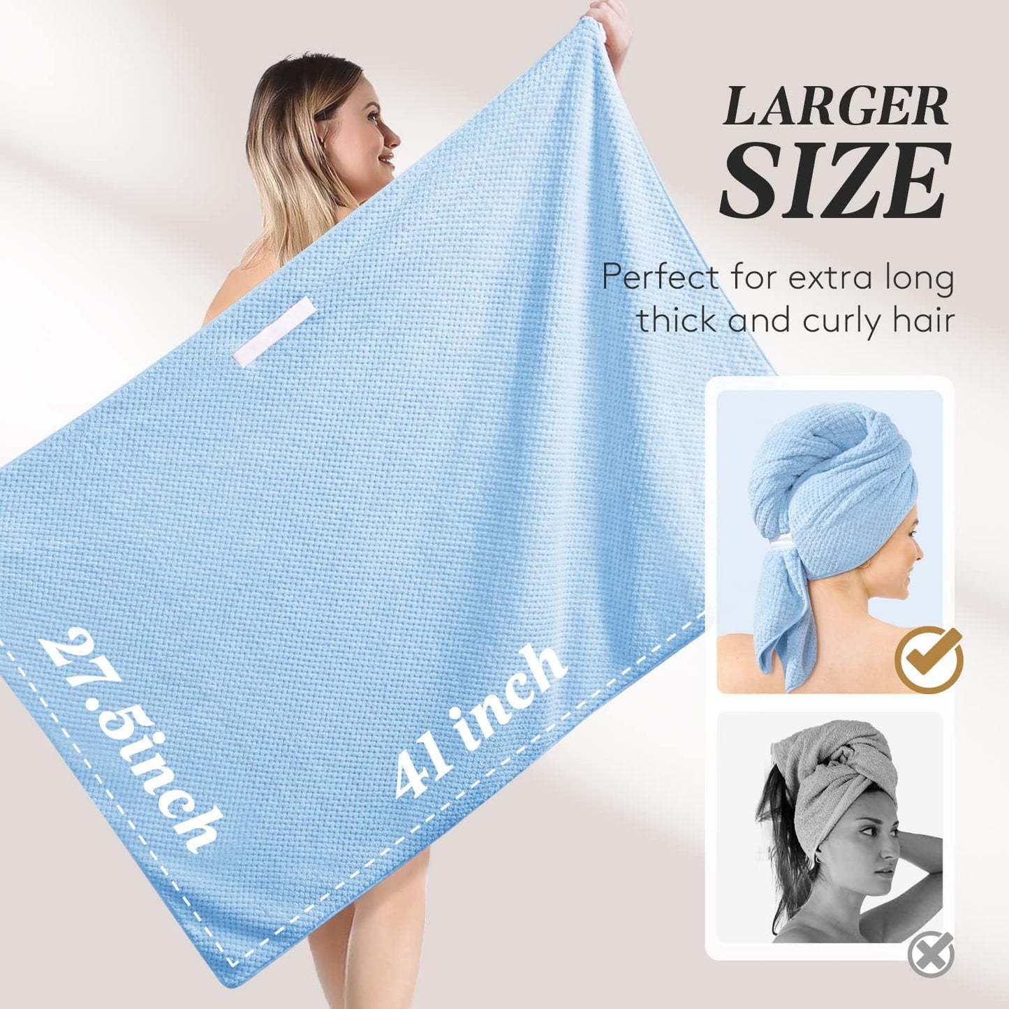 Large Microfiber Hair Towel Wrap for Women, Super Absorbent Hair Drying Towel with Elastic Strap, Anti Frizz Fast Drying Hair Turbans for Long, Thick, Curly Hair, Soft Hair Wrap Towels Pink