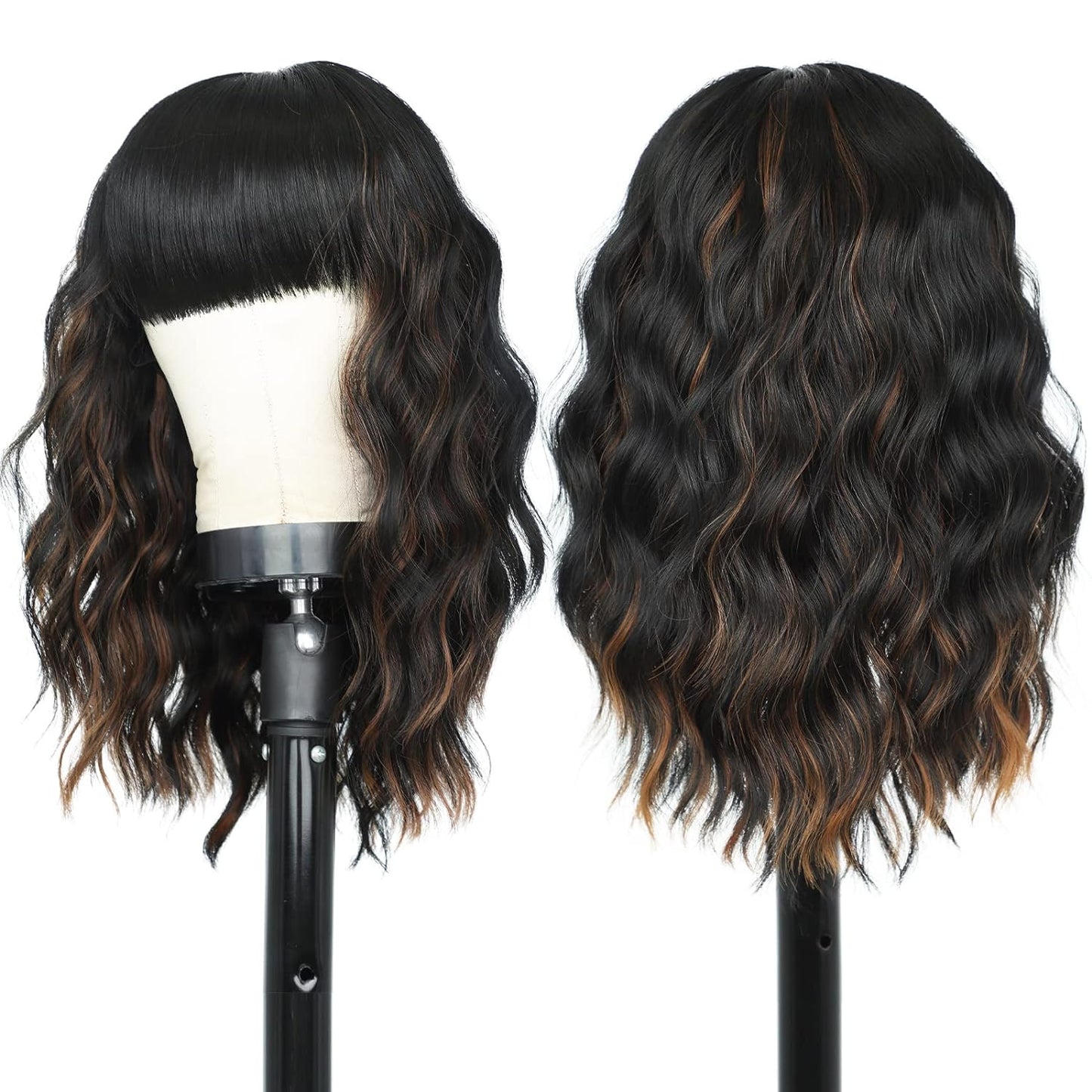 Short Wavy Wig with Bangs for Women Shoulder Length Bob Curly Women's Charming Synthetic Wigs with Natural Wavy Black To Brown Heat Resistant Hair for Daily Party Use