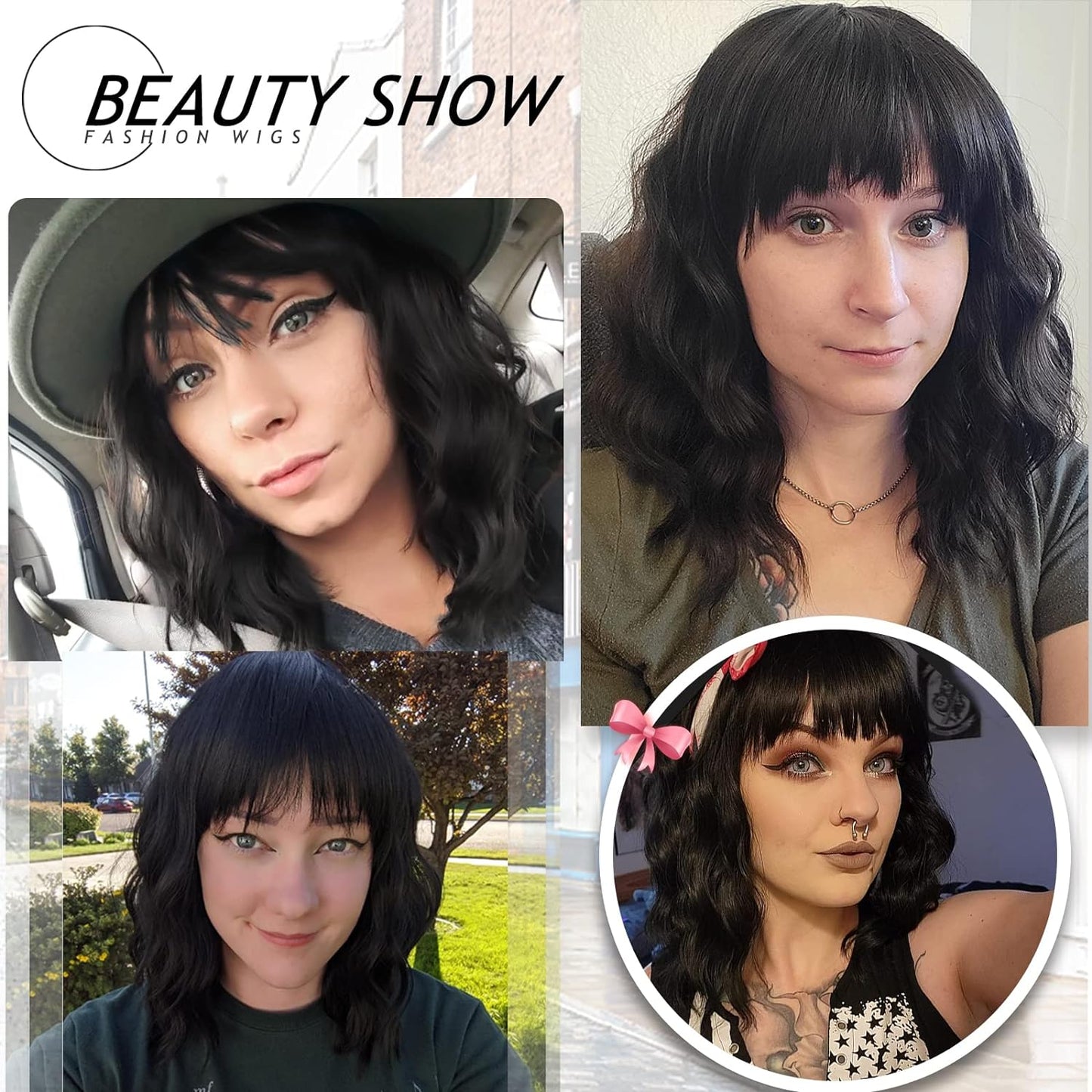Short Wavy Wig with Bangs for Women Shoulder Length Bob Curly Women's Charming Synthetic Wigs with Natural Wavy Black To Brown Heat Resistant Hair for Daily Party Use