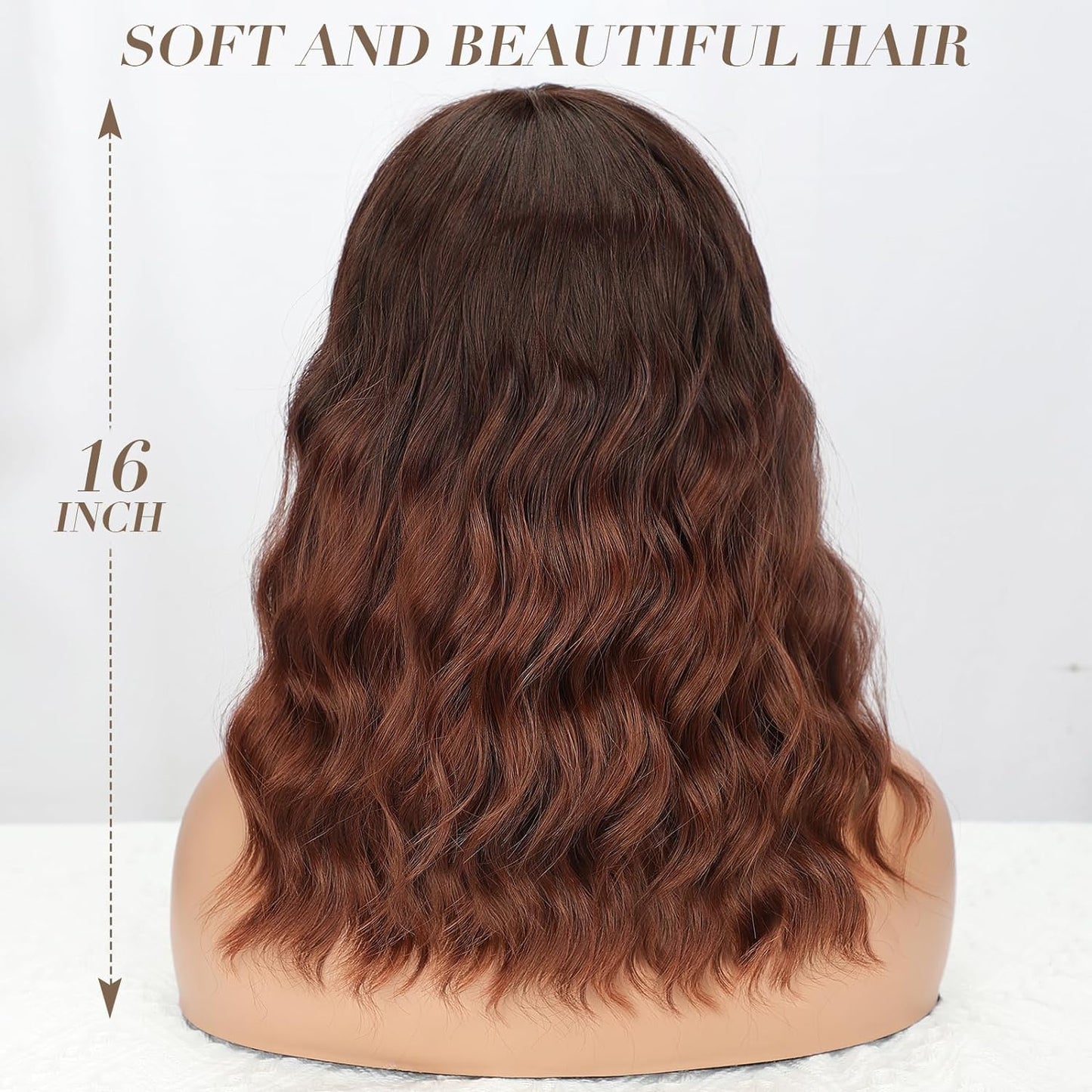 Short Wavy Wig with Bangs for Women Shoulder Length Bob Curly Women's Charming Synthetic Wigs with Natural Wavy Black To Brown Heat Resistant Hair for Daily Party Use