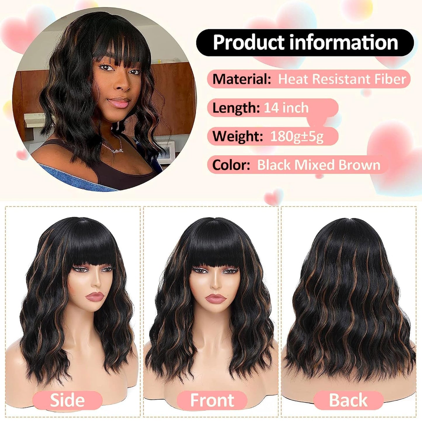 Short Wavy Wig with Bangs Black Mixed Brown Short Bob Wigs Shoulder Length Wear and Go Glueless Wigs Heat Resistant Fiber Synthetic Wig with Bangs