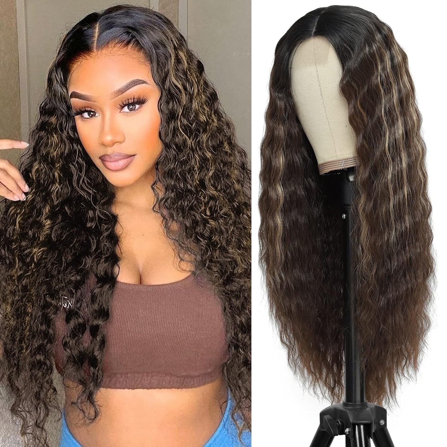28'' Curly Wig Long Synthetic Wigs for Black Women Loose Deep Wave Lace Front Wig 4'' Simulated Scalp Middle Part Natural Crimps Curls Hair Replacement Wigs