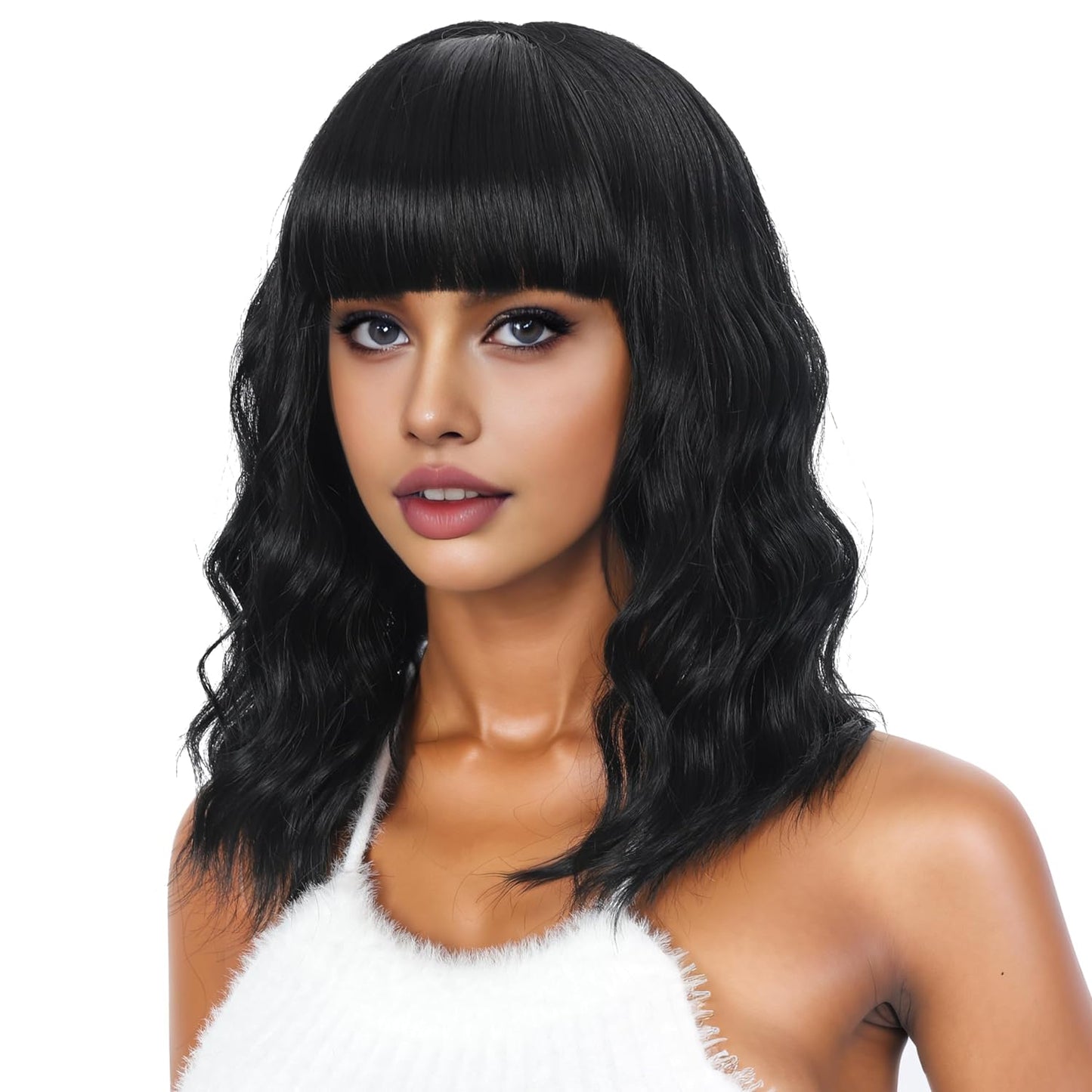 Short Wavy Wig with Bangs Black Mixed Brown Short Bob Wigs Shoulder Length Wear and Go Glueless Wigs Heat Resistant Fiber Synthetic Wig with Bangs
