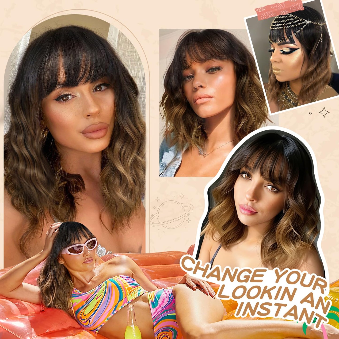 Short Wavy Wig with Bangs for Women Shoulder Length Bob Curly Women's Charming Synthetic Wigs with Natural Wavy Black To Brown Heat Resistant Hair for Daily Party Use