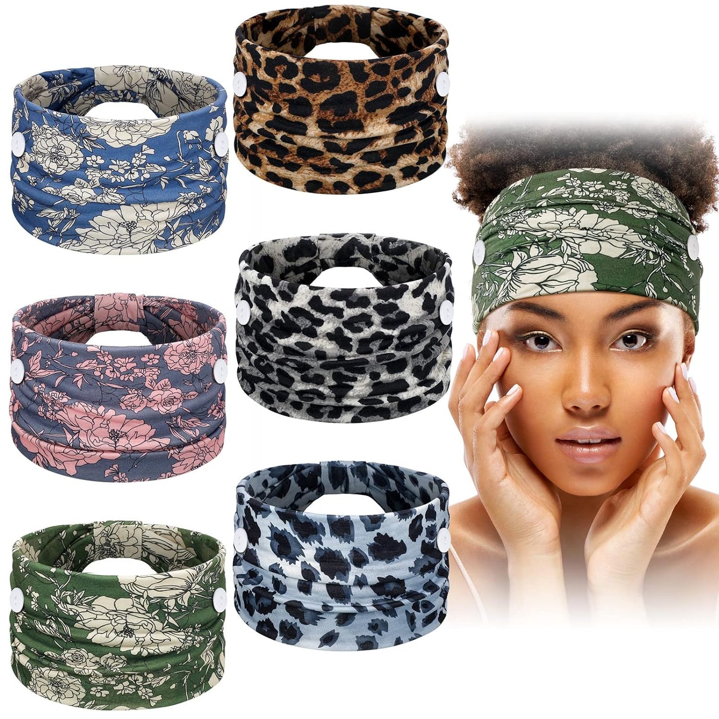 6 Pieces Headband with Buttons for Mask African Boho Knot Turban Headbands Nurse Elastic Headbands Sport Beach Hair Accessories for Women Girls (Bohemian Patterns)
