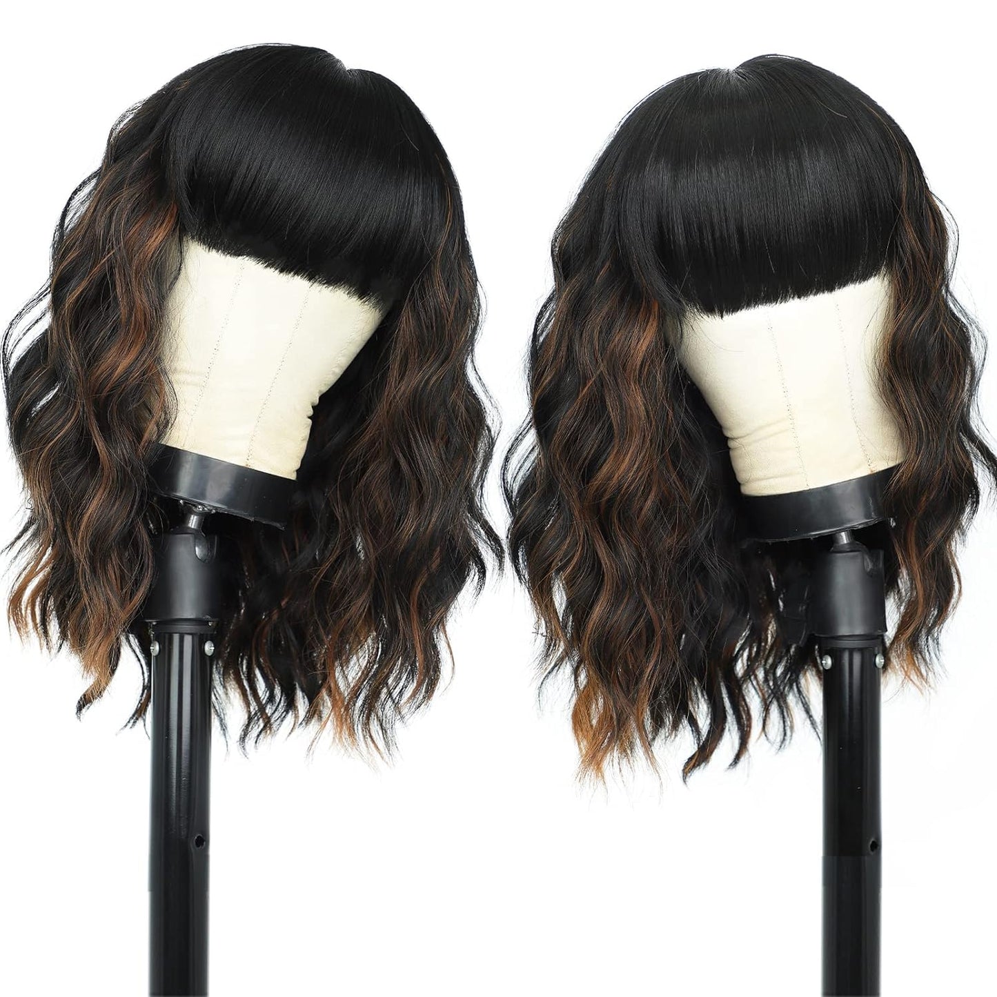 Short Wavy Wig with Bangs for Women Shoulder Length Bob Curly Women's Charming Synthetic Wigs with Natural Wavy Black To Brown Heat Resistant Hair for Daily Party Use