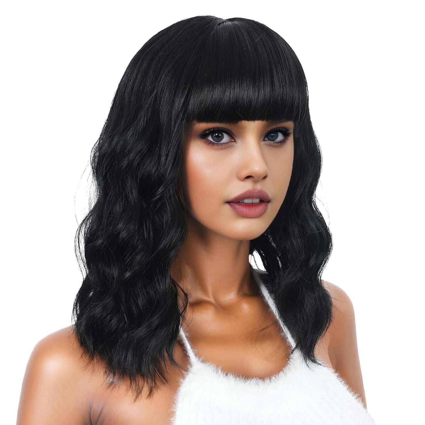 Short Wavy Wig with Bangs Black Mixed Brown Short Bob Wigs Shoulder Length Wear and Go Glueless Wigs Heat Resistant Fiber Synthetic Wig with Bangs
