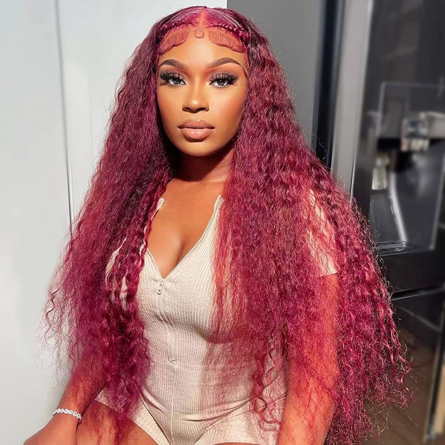 28'' Curly Wig Long Synthetic Wigs for Black Women Loose Deep Wave Lace Front Wig 4'' Simulated Scalp Middle Part Natural Crimps Curls Hair Replacement Wigs