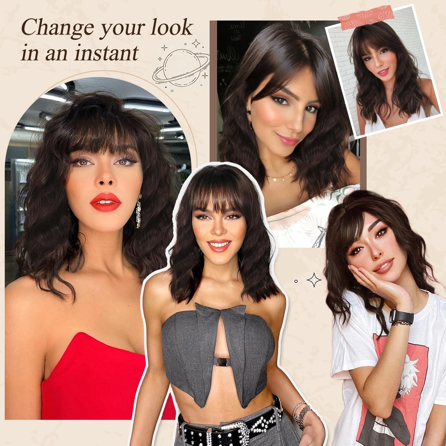 Short Wavy Wig with Bangs for Women Shoulder Length Bob Curly Women's Charming Synthetic Wigs with Natural Wavy Black To Brown Heat Resistant Hair for Daily Party Use