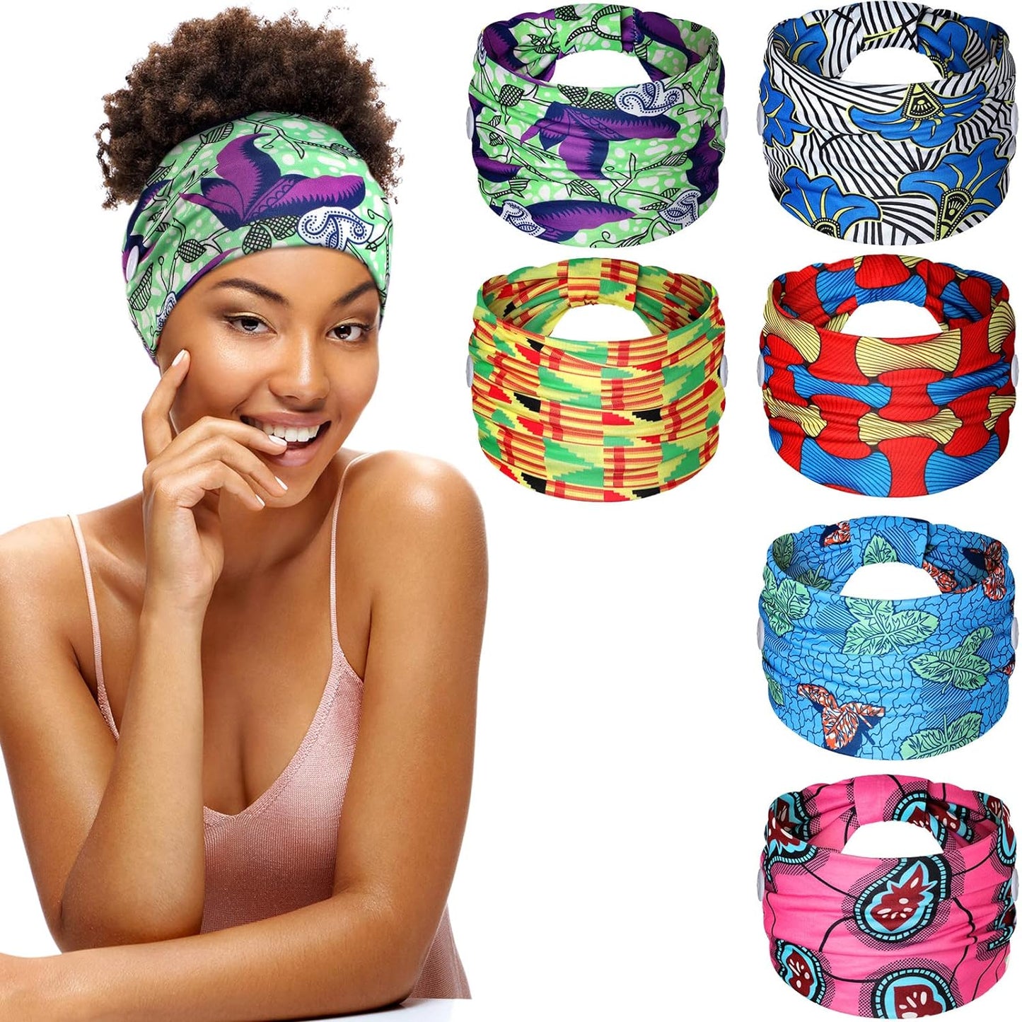 6 Pieces Headband with Buttons for Mask African Boho Knot Turban Headbands Nurse Elastic Headbands Sport Beach Hair Accessories for Women Girls (Bohemian Patterns)