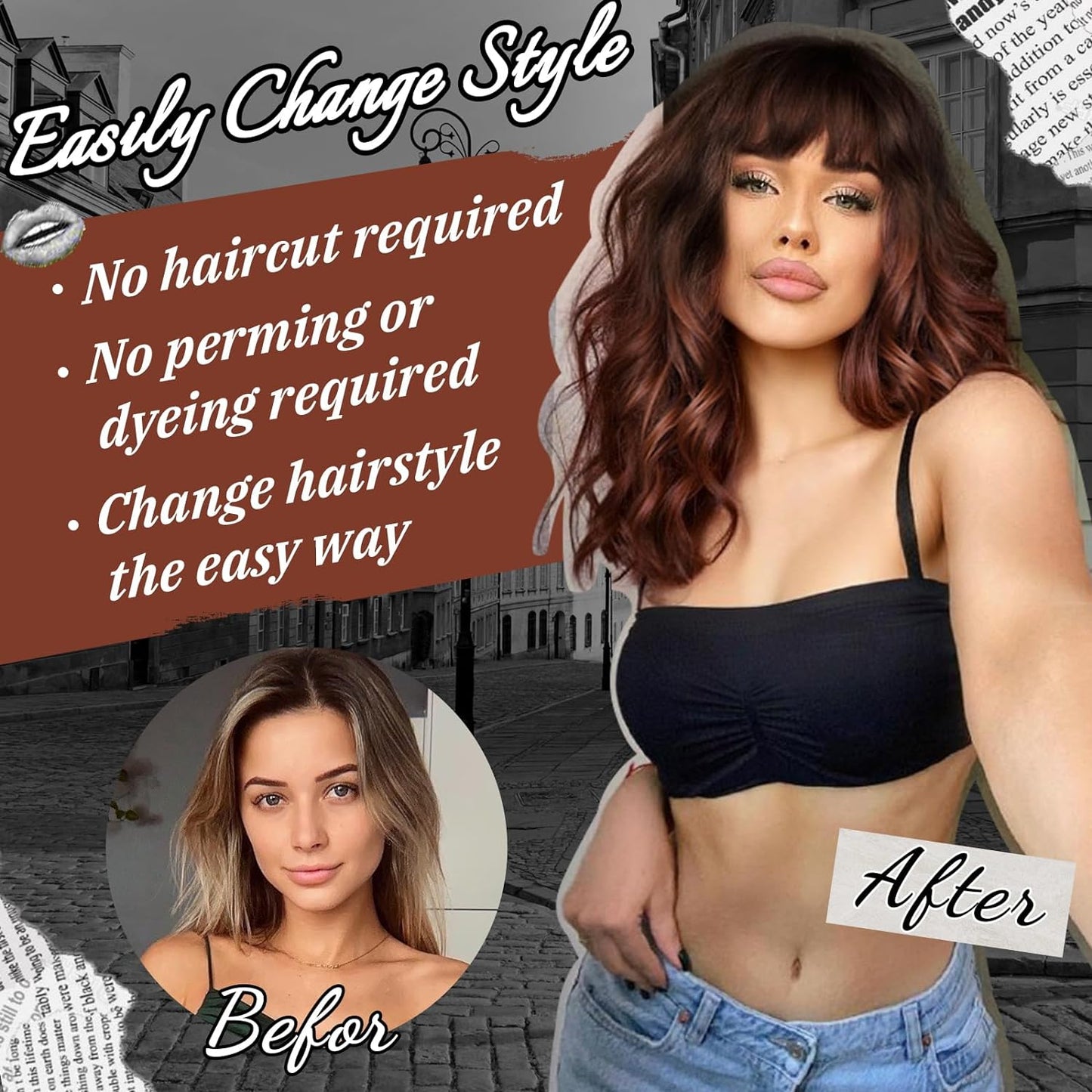 Short Wavy Wig with Bangs for Women Shoulder Length Bob Curly Women's Charming Synthetic Wigs with Natural Wavy Black To Brown Heat Resistant Hair for Daily Party Use