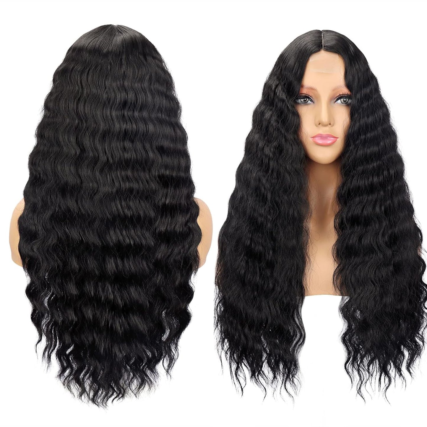28'' Curly Wig Long Synthetic Wigs for Black Women Loose Deep Wave Lace Front Wig 4'' Simulated Scalp Middle Part Natural Crimps Curls Hair Replacement Wigs