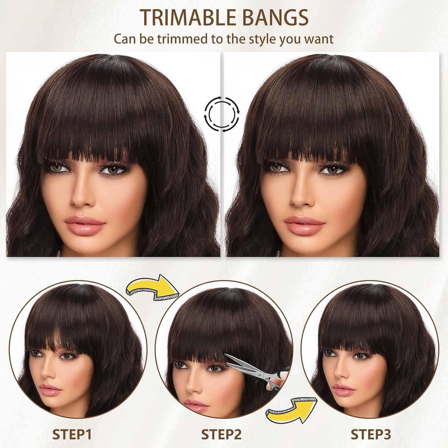 Short Wavy Wig with Bangs for Women Shoulder Length Bob Curly Women's Charming Synthetic Wigs with Natural Wavy Black To Brown Heat Resistant Hair for Daily Party Use