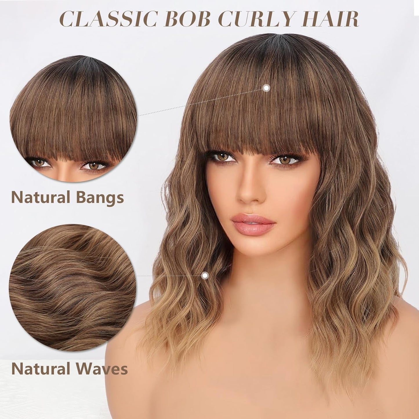 Short Wavy Wig with Bangs for Women Shoulder Length Bob Curly Women's Charming Synthetic Wigs with Natural Wavy Black To Brown Heat Resistant Hair for Daily Party Use