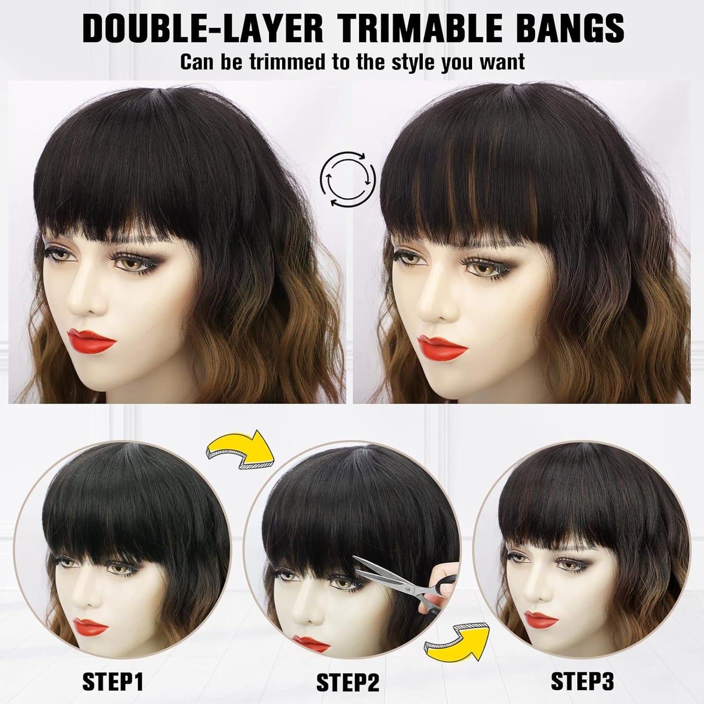 Short Wavy Wig with Bangs for Women Shoulder Length Bob Curly Women's Charming Synthetic Wigs with Natural Wavy Black To Brown Heat Resistant Hair for Daily Party Use