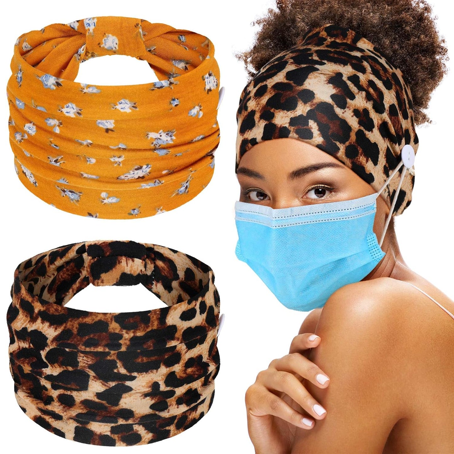 6 Pieces Headband with Buttons for Mask African Boho Knot Turban Headbands Nurse Elastic Headbands Sport Beach Hair Accessories for Women Girls (Bohemian Patterns)